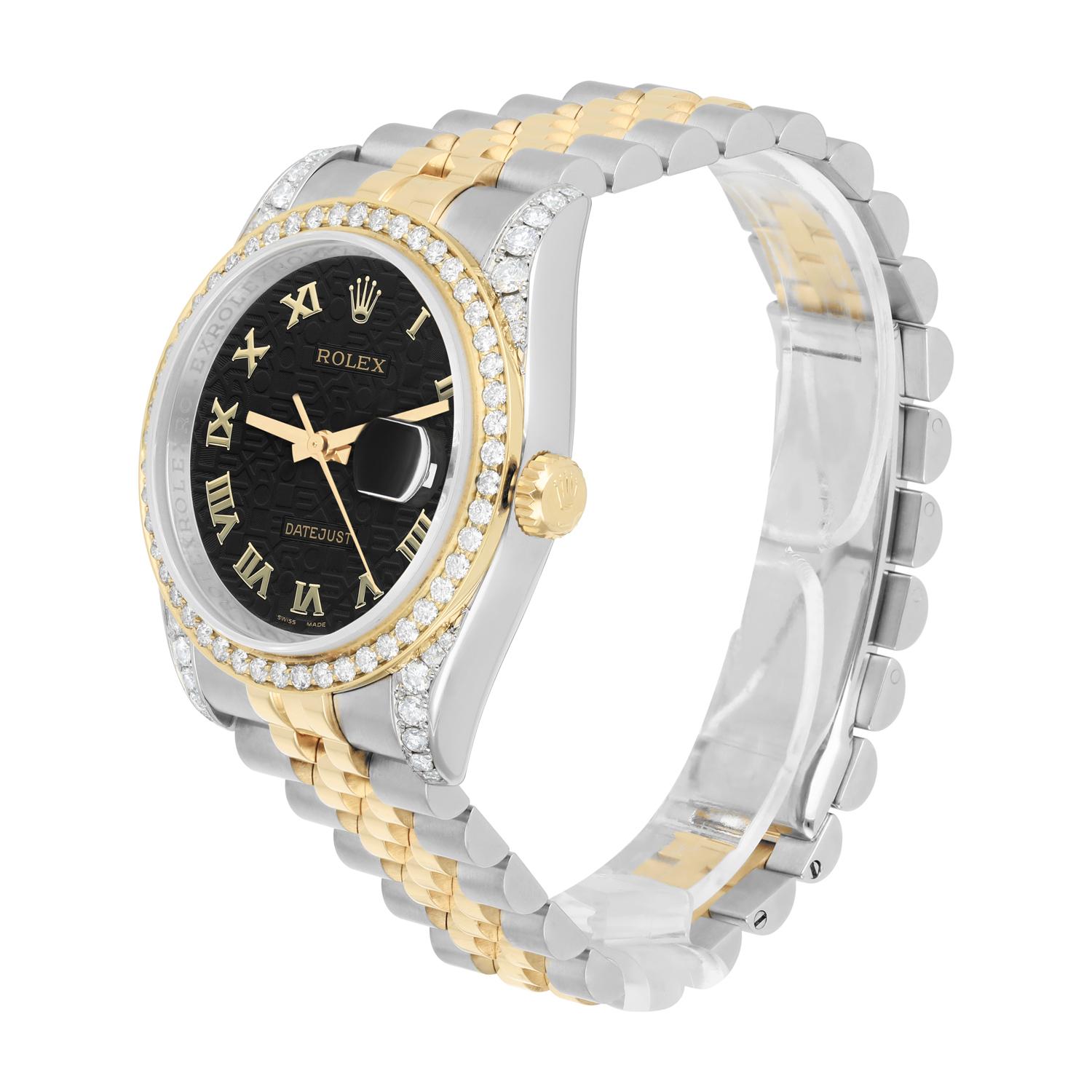 Women's or Men's Rolex Datejust 36 Gold/Steel 116233 Black Rolex Logo Dial Jubilee Band Diamonds For Sale