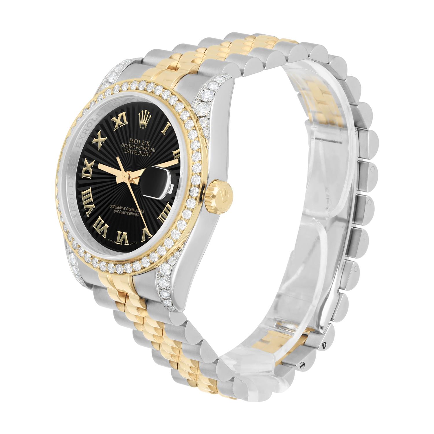 Women's or Men's Rolex Datejust 36 Gold/Steel 116233 Black Sunburst Dial Jubilee Band Diamonds For Sale