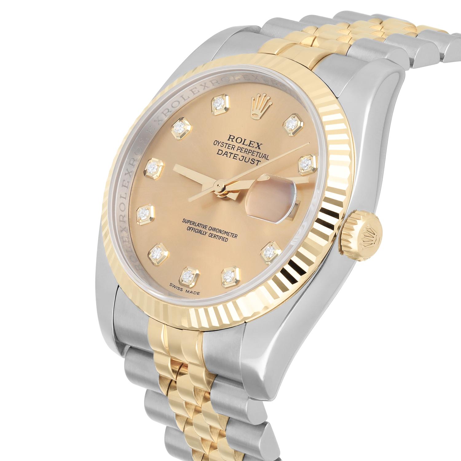 Modern Rolex Datejust 36 Gold & Steel 116233 Champagne Diamond Dial Jubilee Watch B/P For Sale