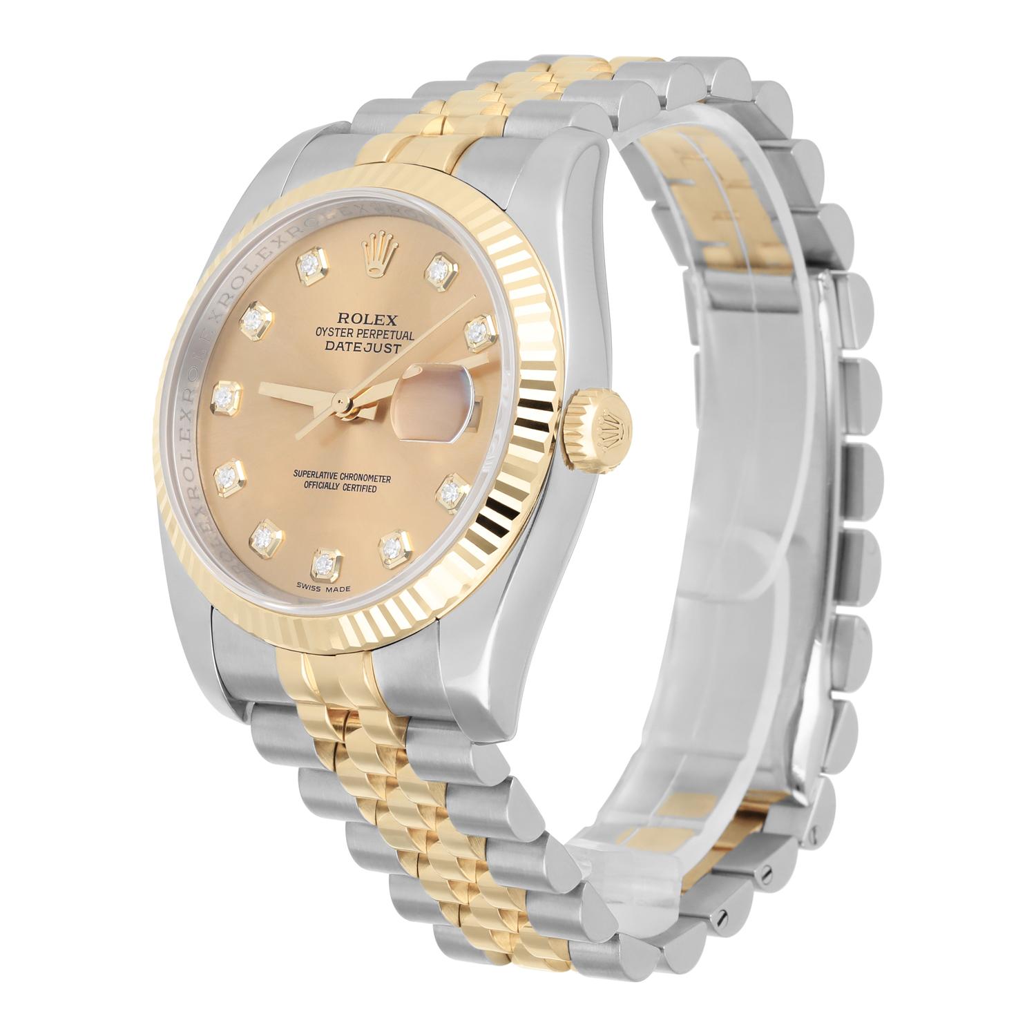 Rolex Datejust 36 Gold & Steel 116233 Champagne Diamond Dial Jubilee Watch B/P In Excellent Condition For Sale In New York, NY