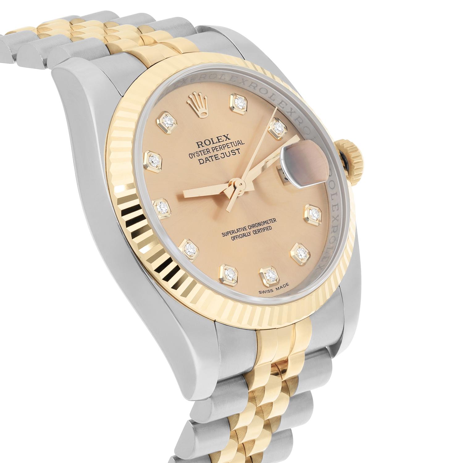 Women's or Men's Rolex Datejust 36 Gold & Steel 116233 Champagne Diamond Dial Jubilee Watch B/P For Sale
