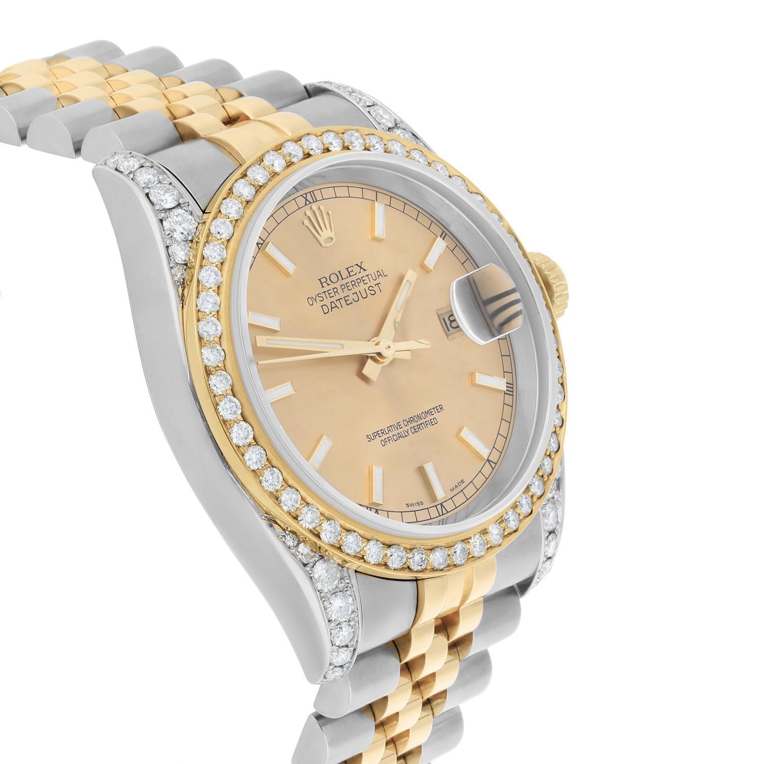 Rolex Datejust 36 Gold & Steel 116233 Champagne Index Dial Diamond Watch In Excellent Condition For Sale In New York, NY