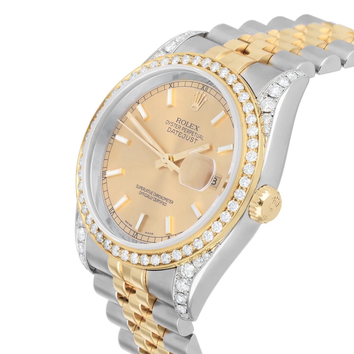 Women's or Men's Rolex Datejust 36 Gold & Steel 116233 Champagne Index Dial Diamond Watch For Sale