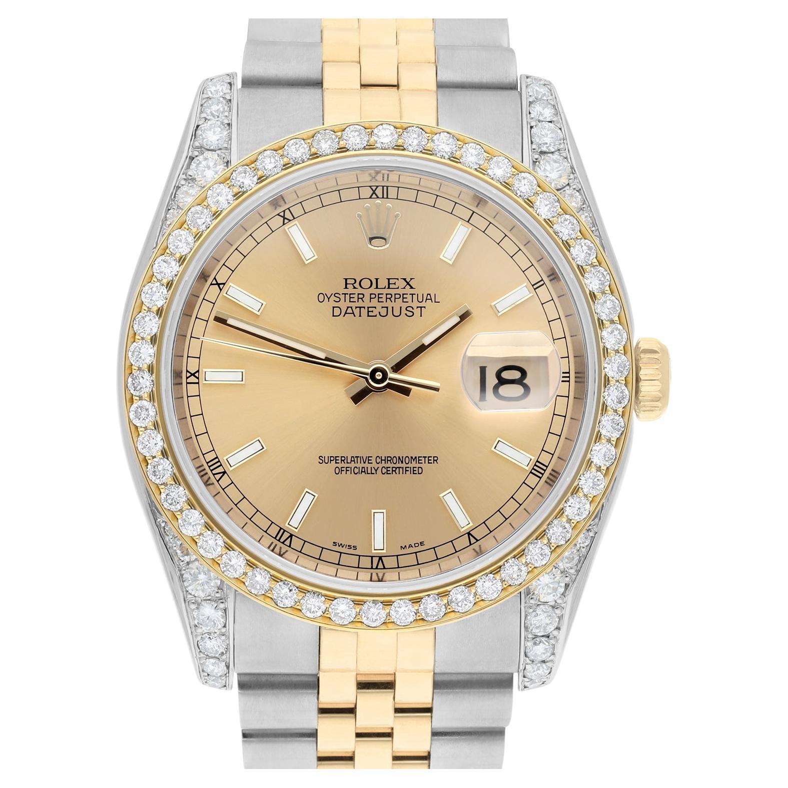 Rolex Datejust 36 Gold & Steel 116233 Champagne Index Dial Diamond Watch For Sale