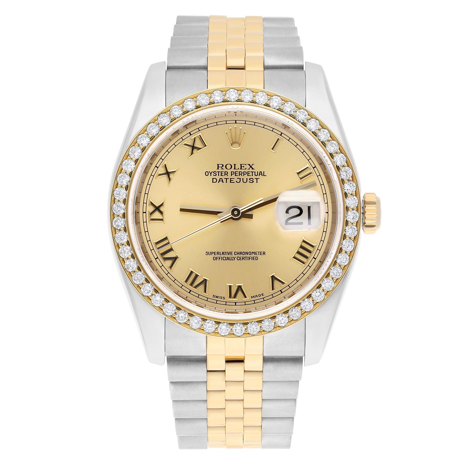 This watch has been professionally polished, serviced and is in excellent overall condition. There are absolutely no visible scratches or blemishes. Authenticity guaranteed!  Diamond bezel 18K gold plated, custom diamond set. Diamonds are 100%