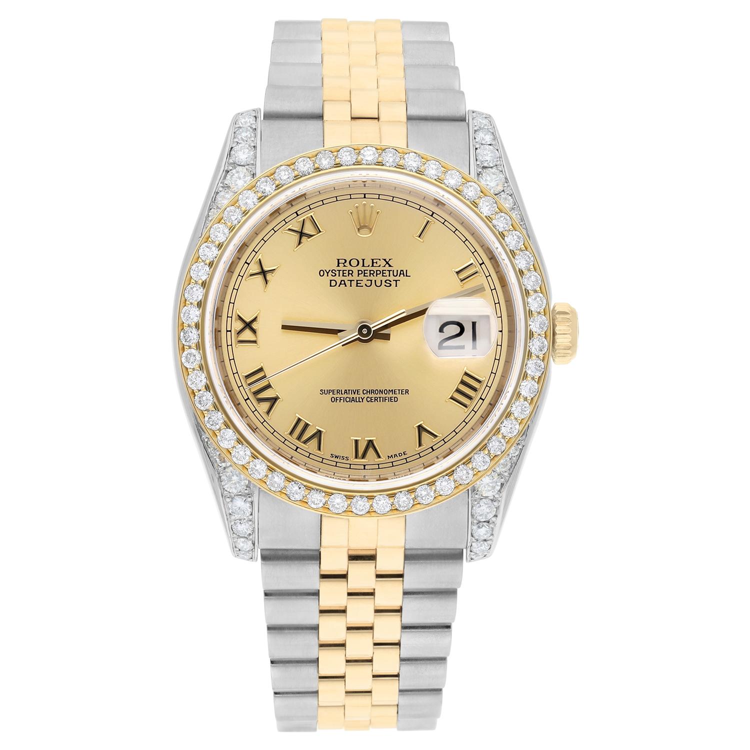 This watch has been professionally polished, serviced and is in excellent overall condition. There are absolutely no visible scratches or blemishes. Authenticity guaranteed!  Diamond bezel 18K gold plated, custom diamond set. Diamonds are 100%