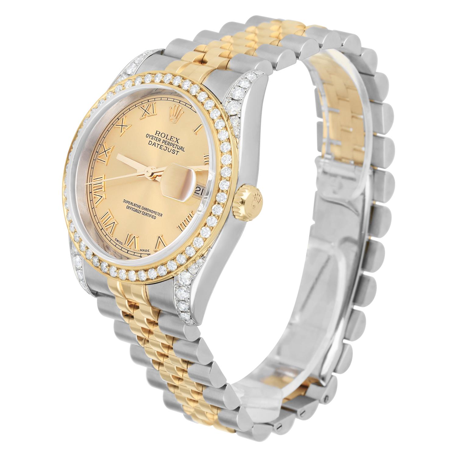 Rolex Datejust 36 Gold & Steel 116233 Champagne Roman Dial Diamond Bezel Jubilee In Excellent Condition For Sale In New York, NY