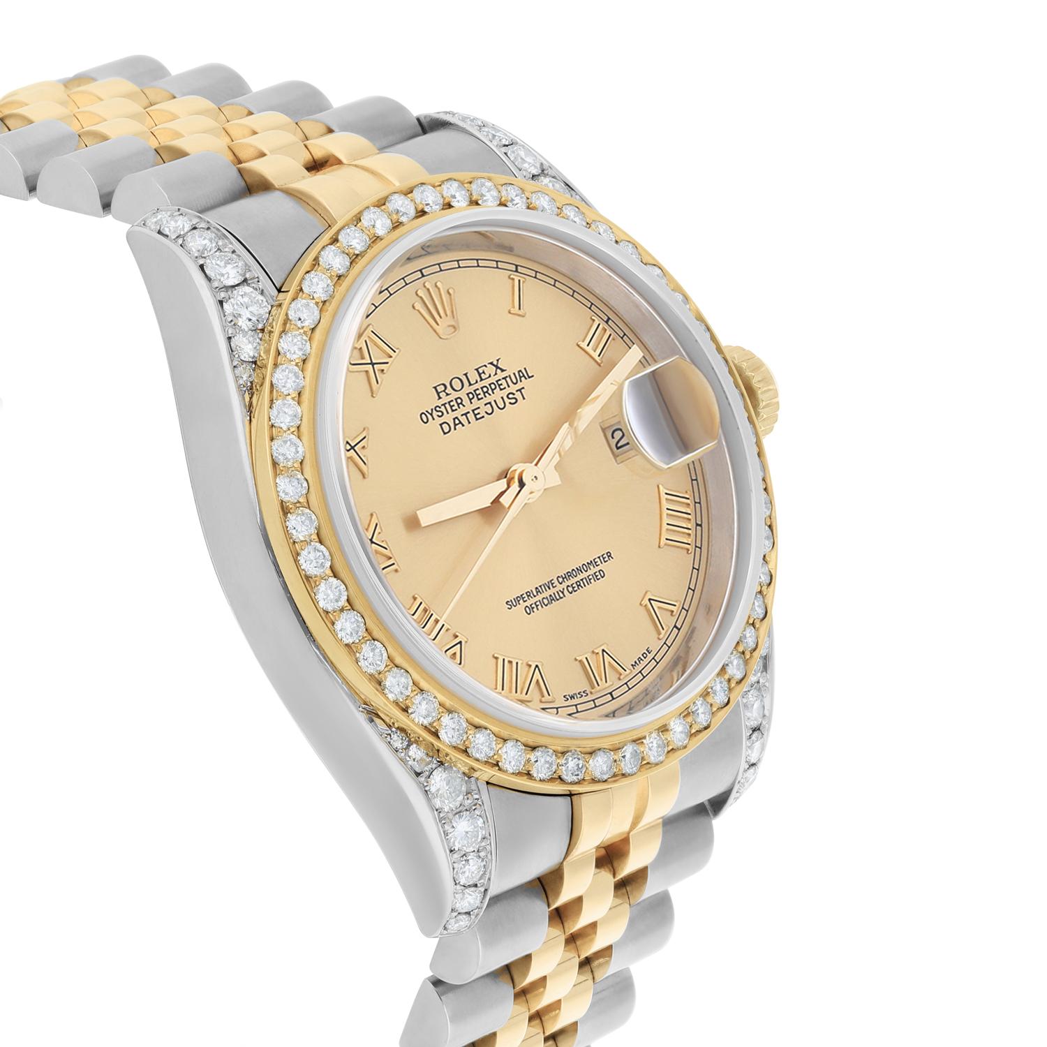 Women's or Men's Rolex Datejust 36 Gold & Steel 116233 Champagne Roman Dial Diamond Bezel Jubilee For Sale