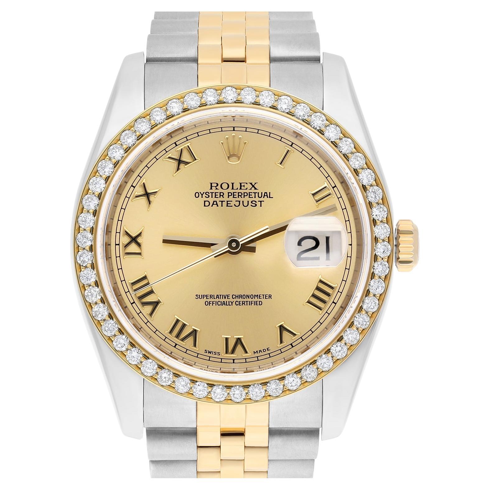 Rolex Datejust 36 Gold & Steel 116233 Champagne Roman Dial Diamond Bezel Jubilee For Sale
