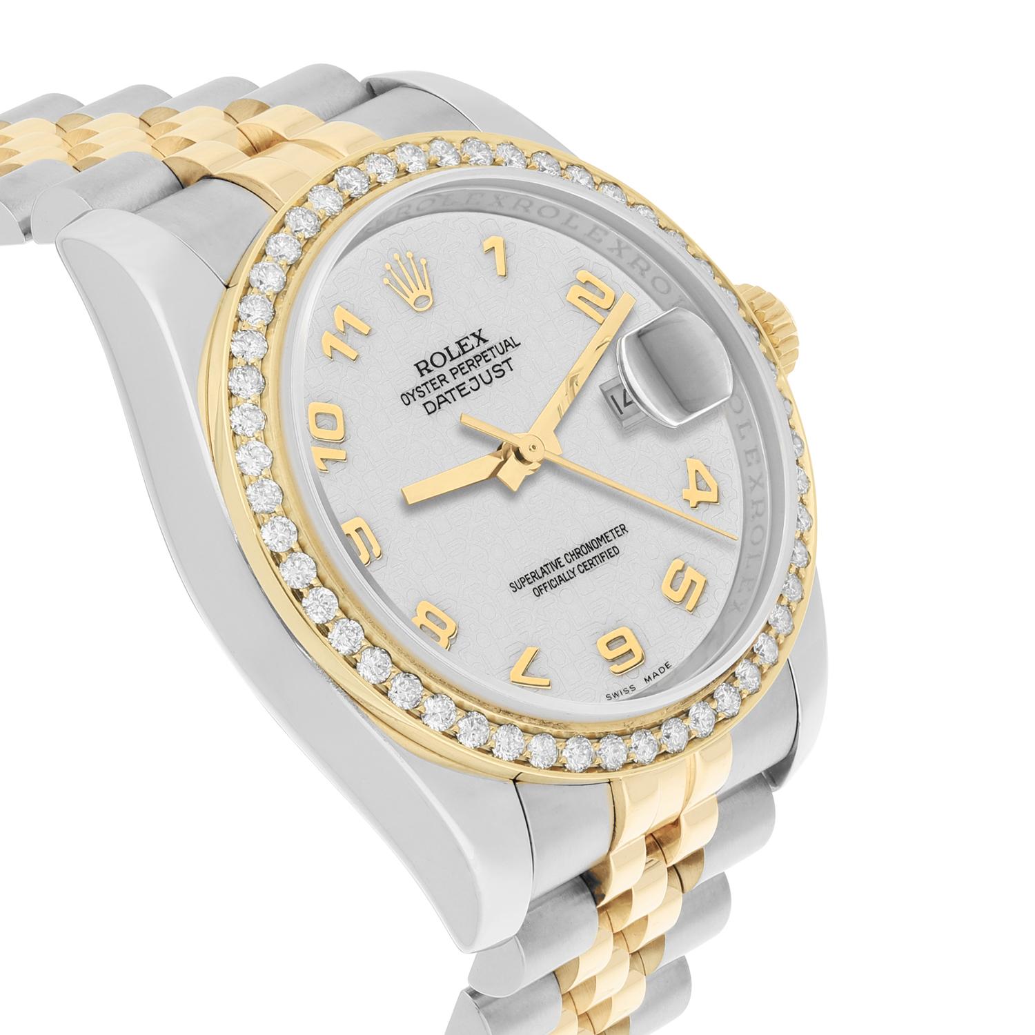Women's or Men's Rolex Datejust 36 Gold/Steel 116233 Diamond Bezel Off White Dial Jubilee Band For Sale