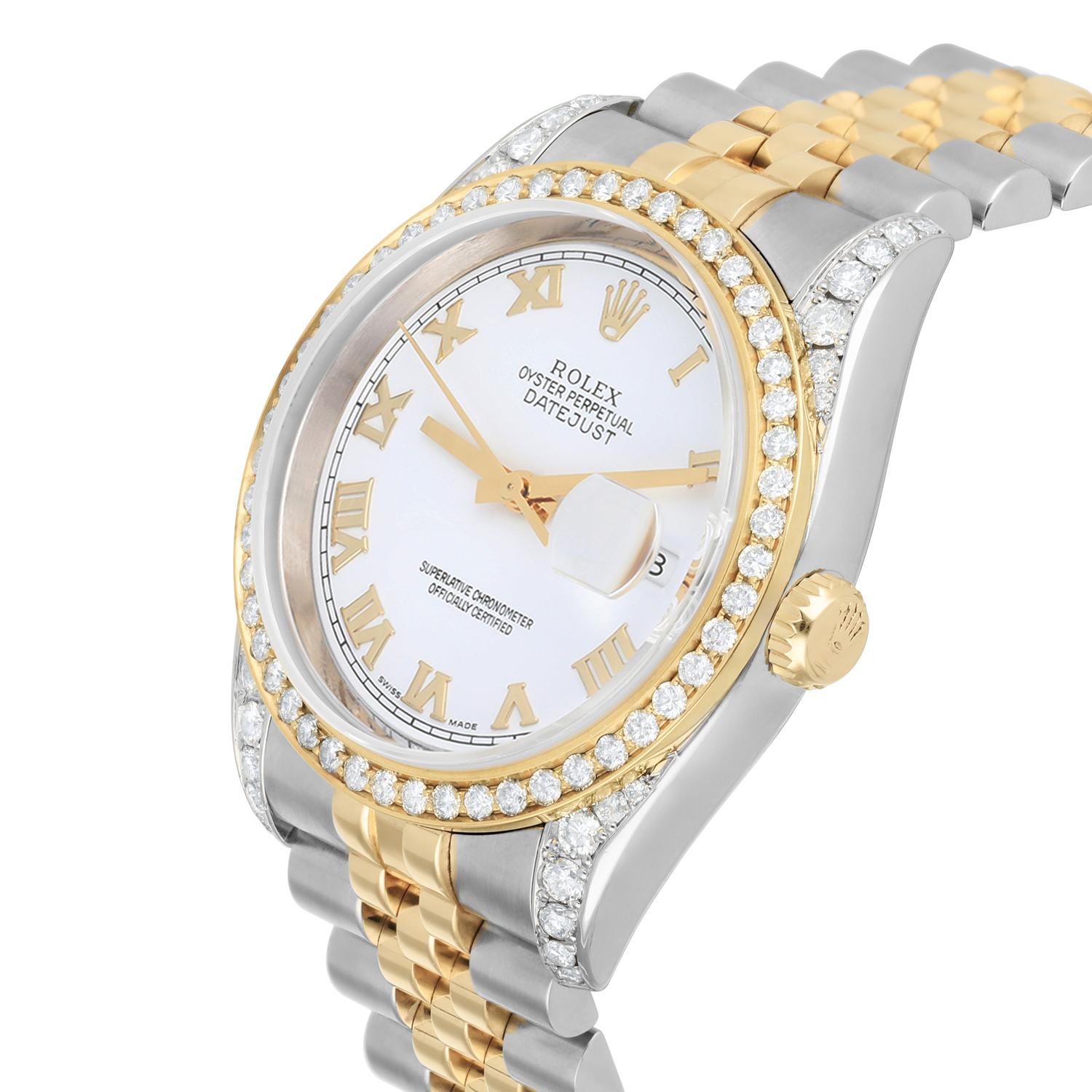 Rolex Datejust 36 Gold/Steel 116233 Diamond Bezel White Roman Dial Jubilee Band In Excellent Condition For Sale In New York, NY