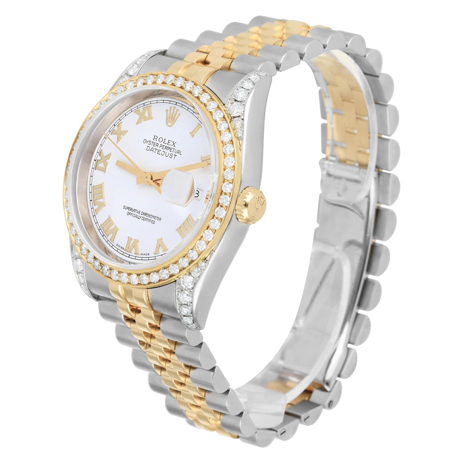 Women's or Men's Rolex Datejust 36 Gold/Steel 116233 Diamond Bezel White Roman Dial Jubilee Band For Sale