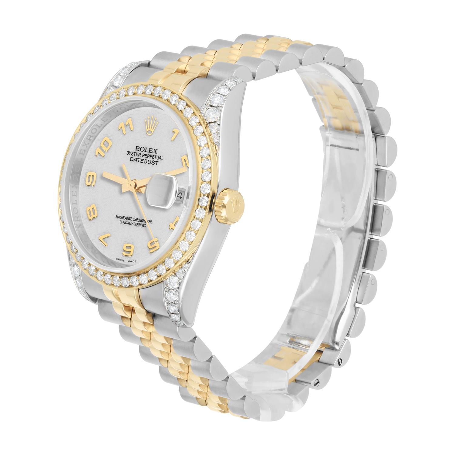 Women's or Men's Rolex Datejust 36 Gold/Steel 116233 Off-White Logo Dial Jubilee Band Diamonds For Sale