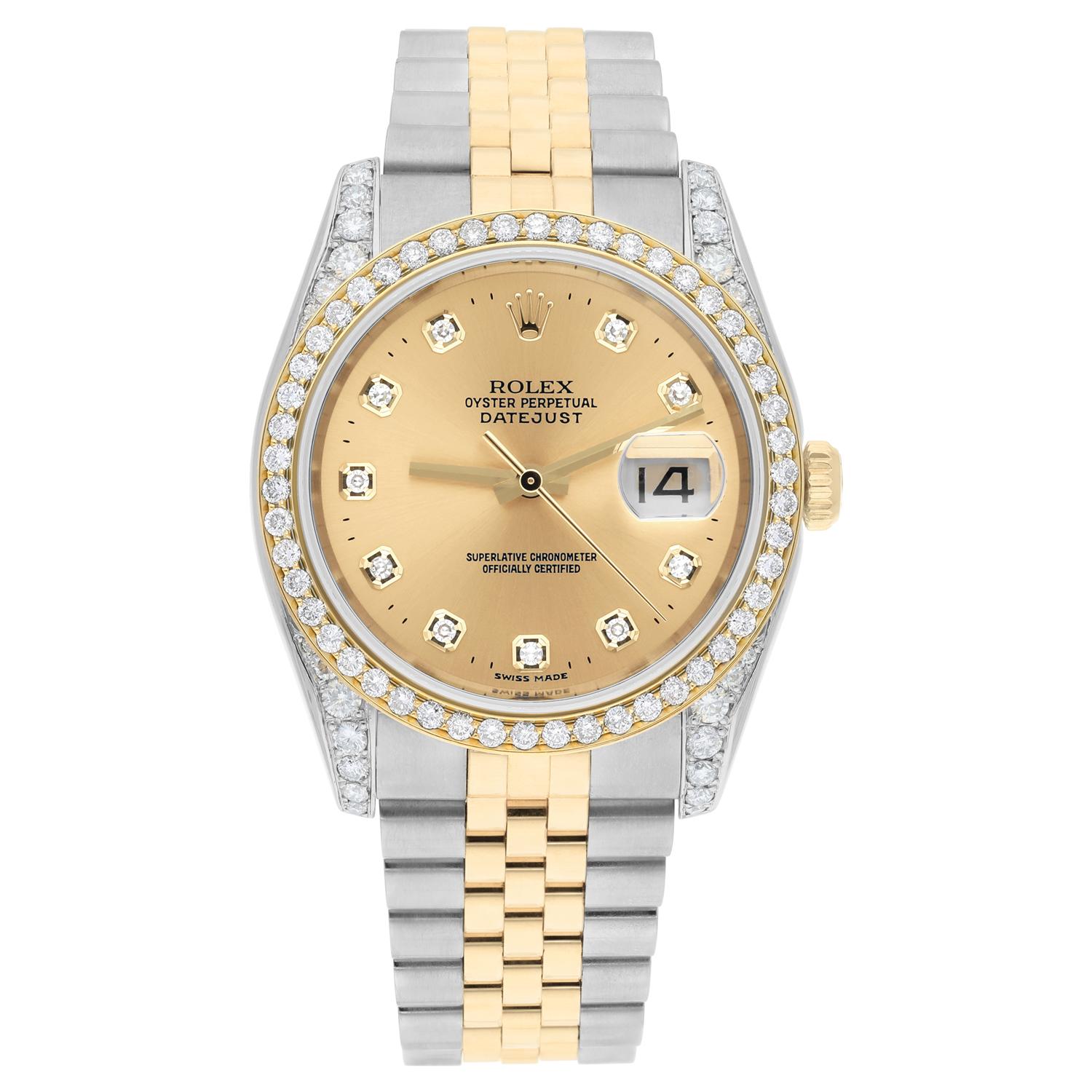 Rolex Datejust 36 Gold & Steel 116233 Watch Factory Champagne Diamond Dial  Custom Diamond Bezel, Diamond Lugs, Jubilee Bracelet Two Tone Watch 

This watch has been professionally polished, serviced and is in excellent overall condition. There are