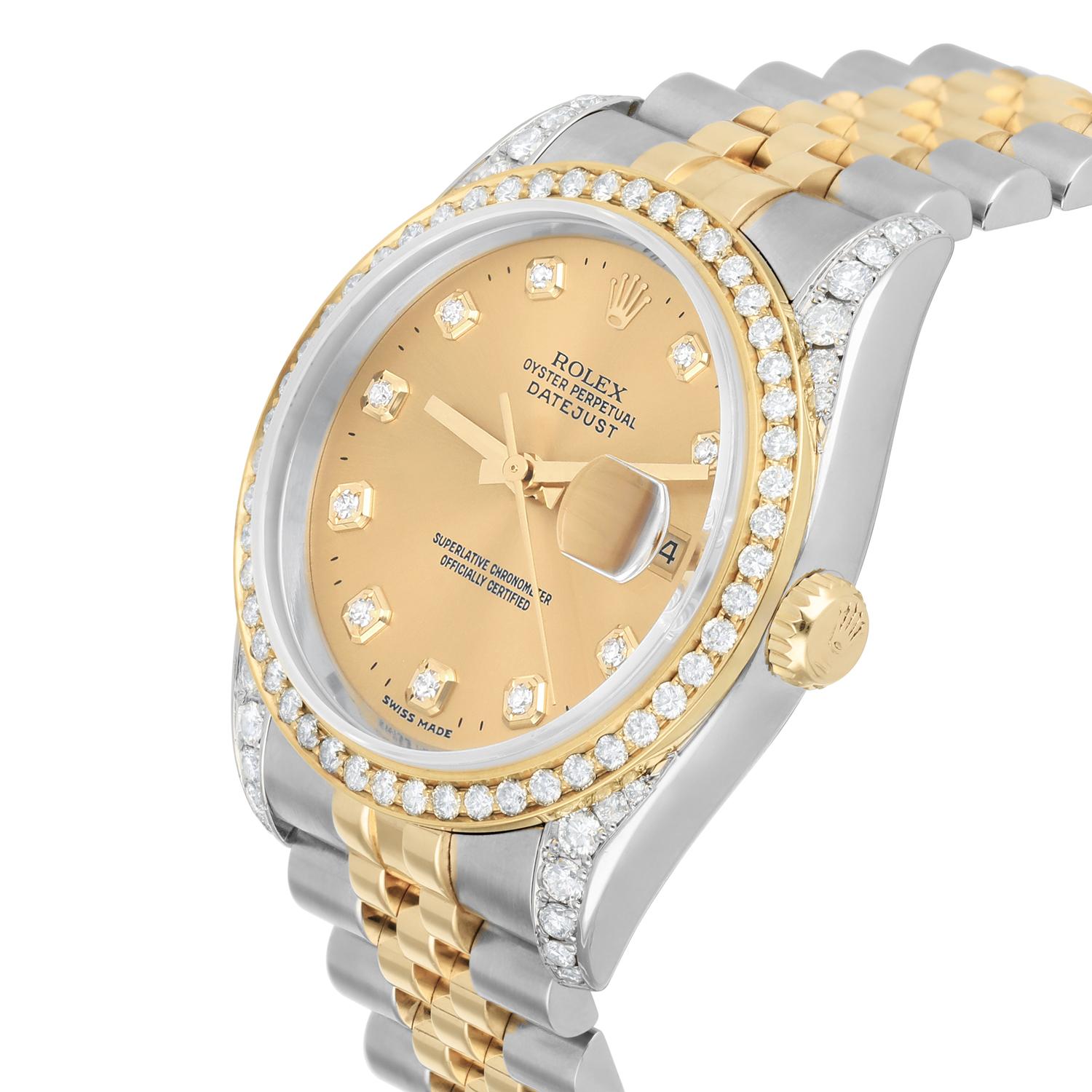 Rolex Datejust 36 Gold & Steel 116233 Watch Champagne Dial Jubilee Watch Diamond In Excellent Condition For Sale In New York, NY