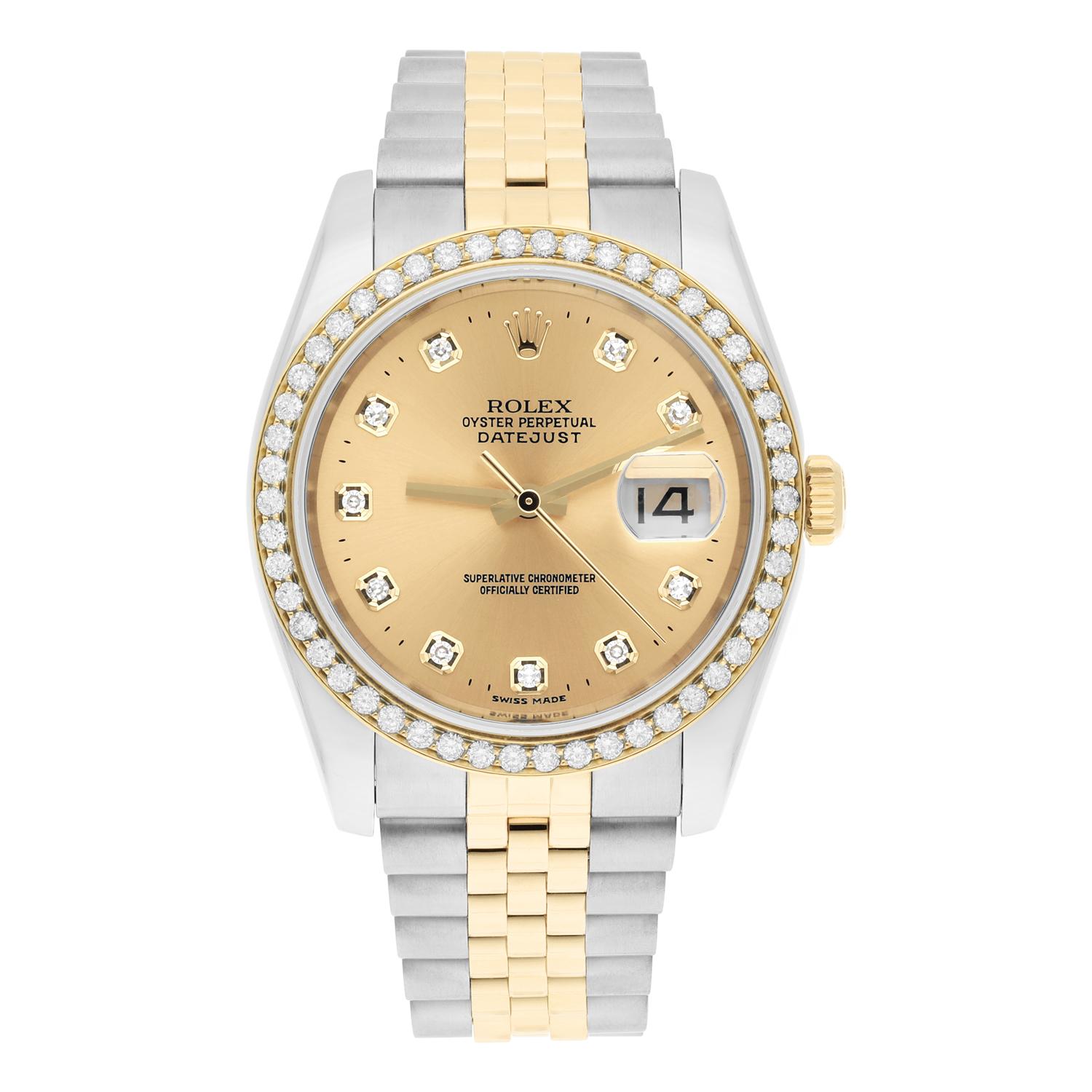 Rolex Datejust 36 Gold & Steel 116233 Watch Factory Champagne Diamond Dial Custom Diamond Bezel Jubilee Bracelet Two Tone Watch

This watch has been professionally polished, serviced and is in excellent overall condition. There are absolutely no