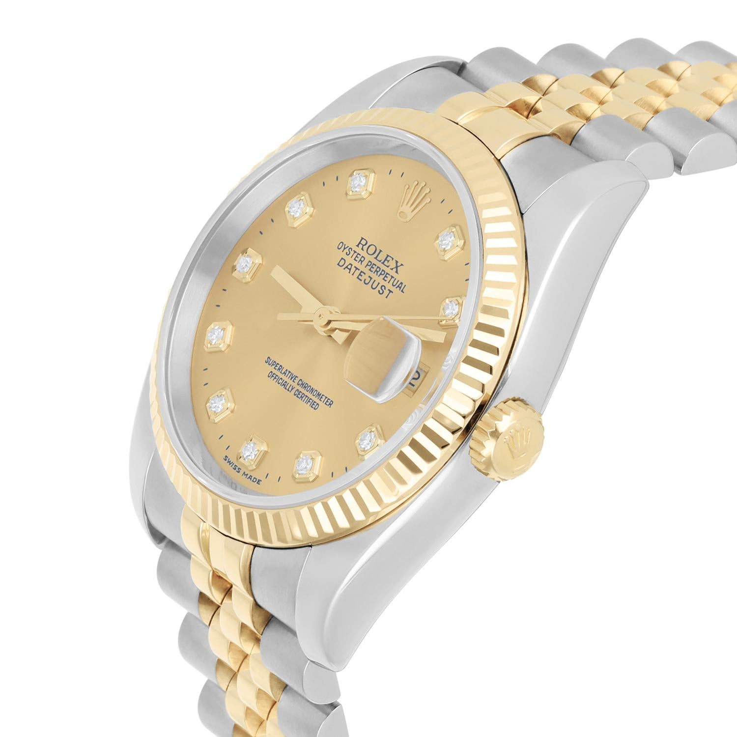 Rolex Datejust 36 Gold & Steel 116233 Watch Champagne Diamond Dial Jubilee Watch In Excellent Condition For Sale In New York, NY