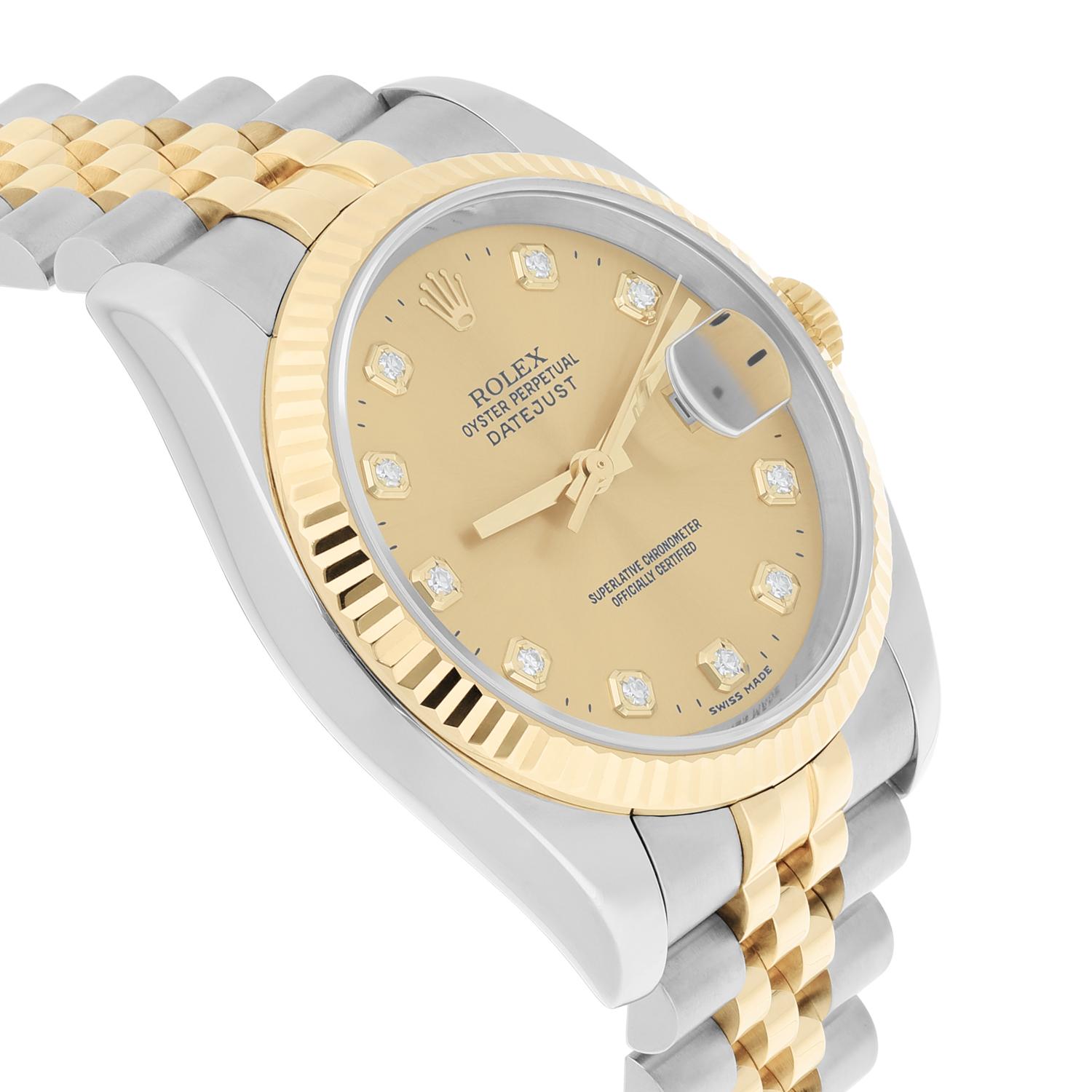 Women's or Men's Rolex Datejust 36 Gold & Steel 116233 Watch Champagne Diamond Dial Jubilee Watch For Sale