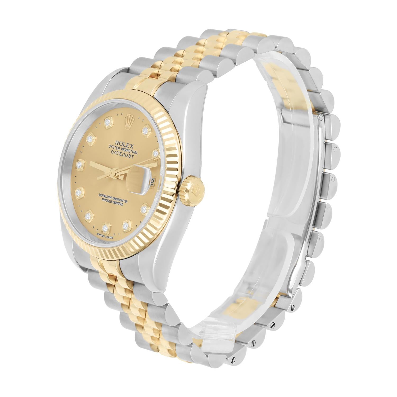 Rolex Datejust 36 Gold & Steel 116233 Watch Champagne Diamond Dial Jubilee Watch For Sale 1