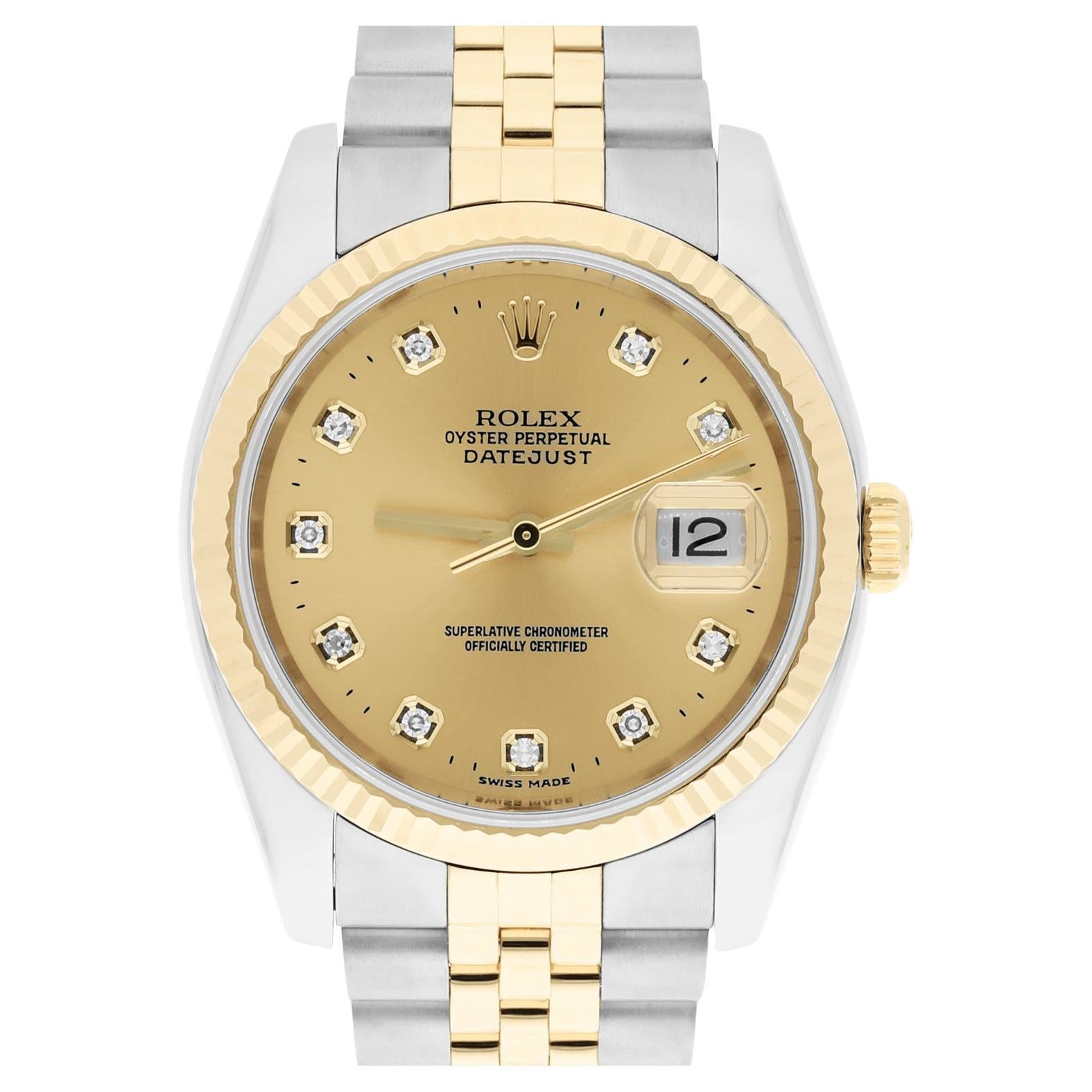 Rolex Datejust 36 Gold & Steel 116233 Watch Champagne Diamond Dial Jubilee Watch For Sale