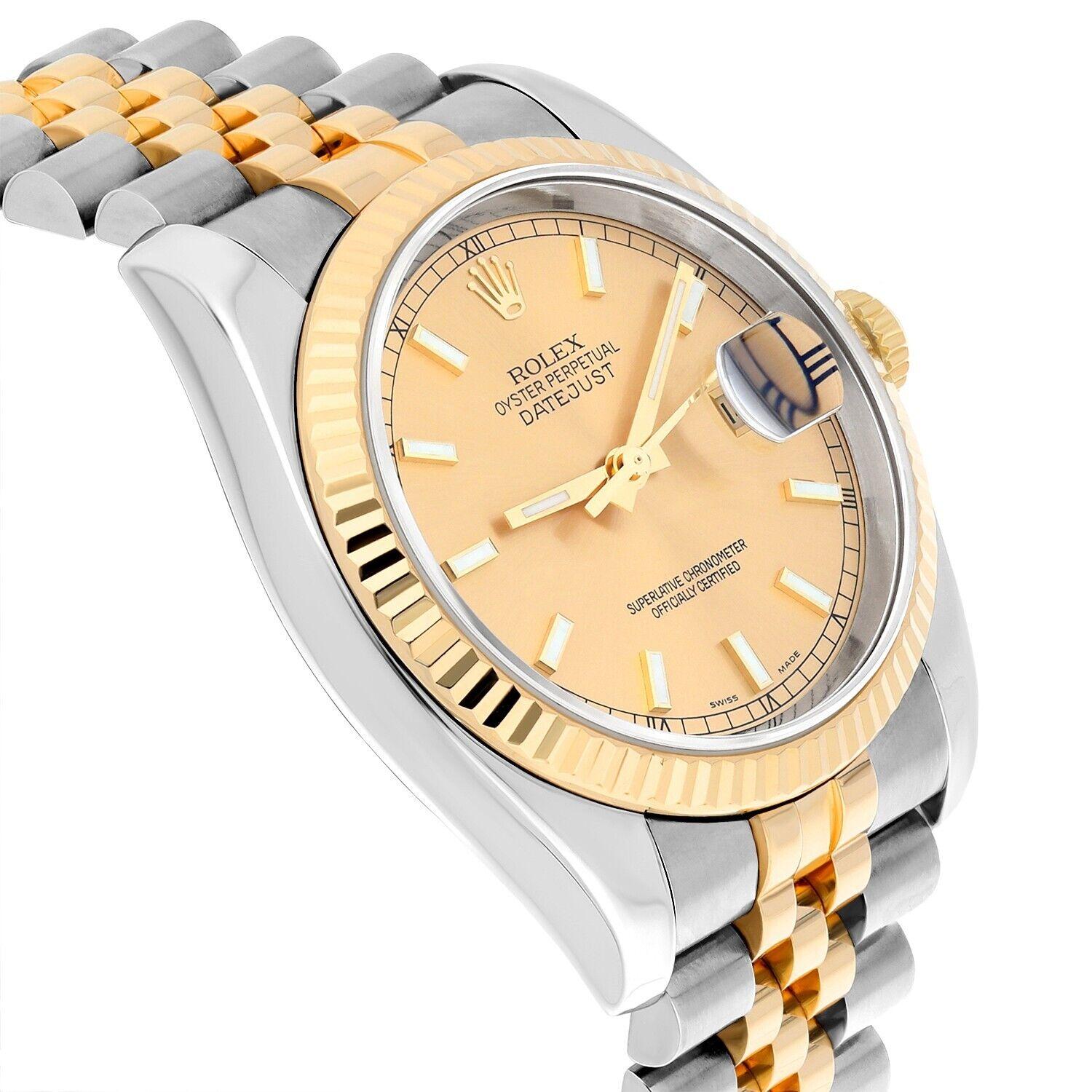 Rolex Datejust 36 Gold & Steel 116233 Watch Champagne Index Dial Jubilee Watch In Excellent Condition For Sale In New York, NY