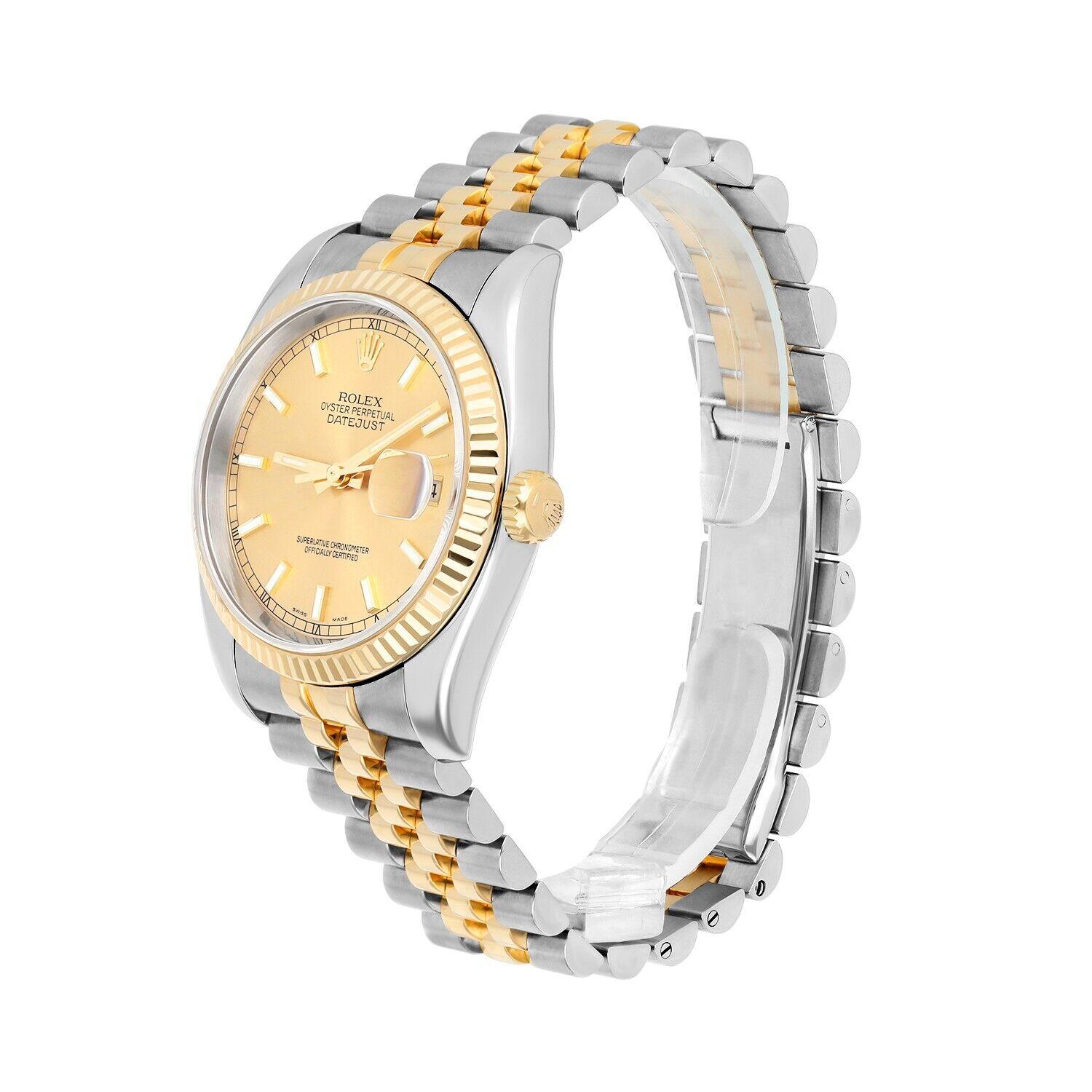 Women's or Men's Rolex Datejust 36 Gold & Steel 116233 Watch Champagne Index Dial Jubilee Watch For Sale