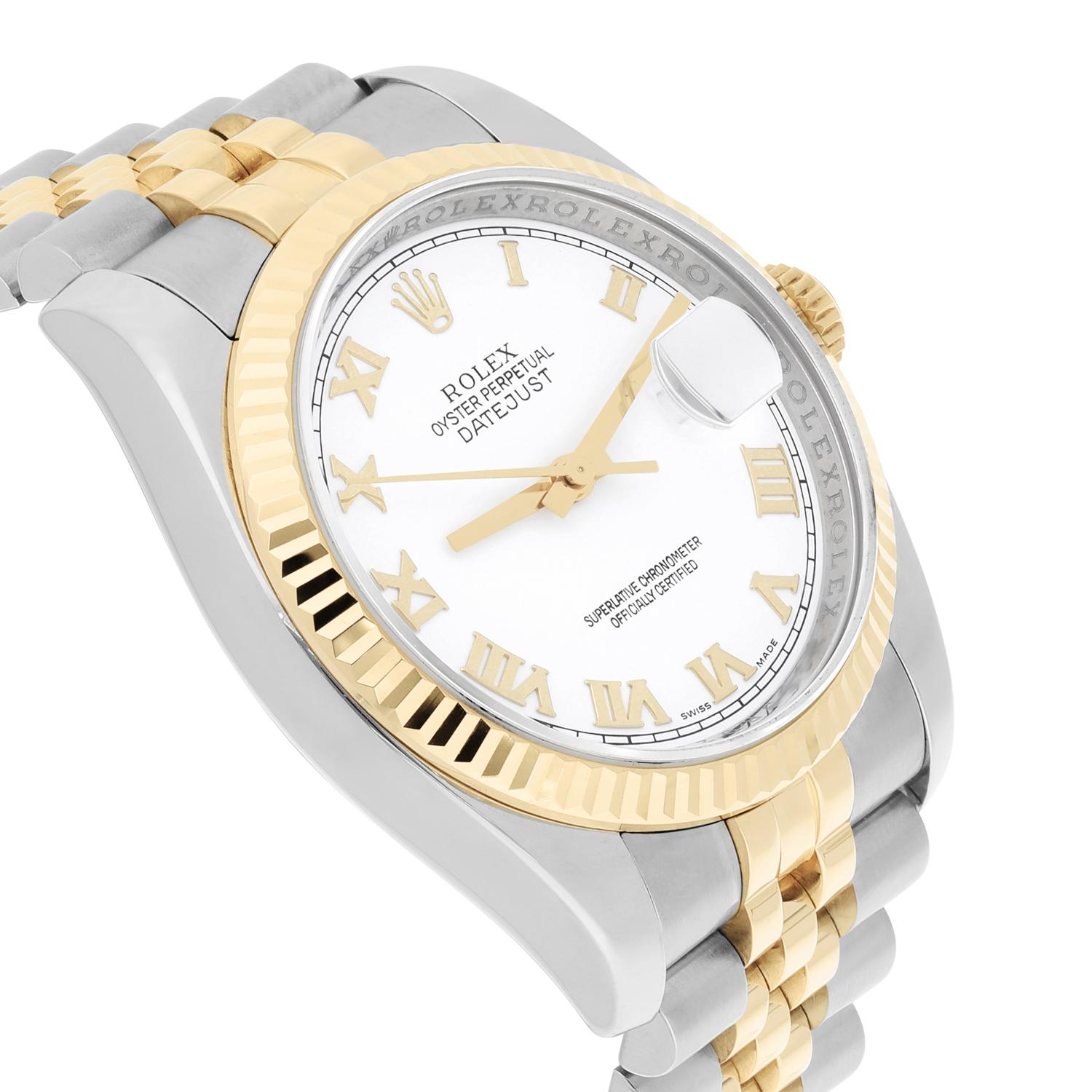 Women's or Men's Rolex Datejust 36 Gold & Steel 116233 Watch White Roman Dial Jubilee Watch For Sale