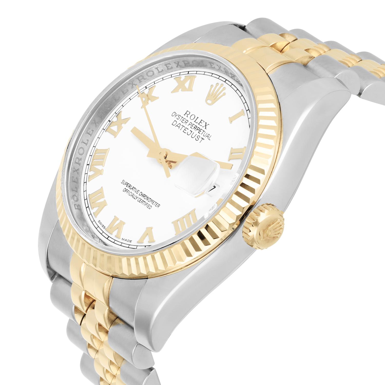 Rolex Datejust 36 Gold & Steel 116233 Watch White Roman Dial Jubilee Watch For Sale 1