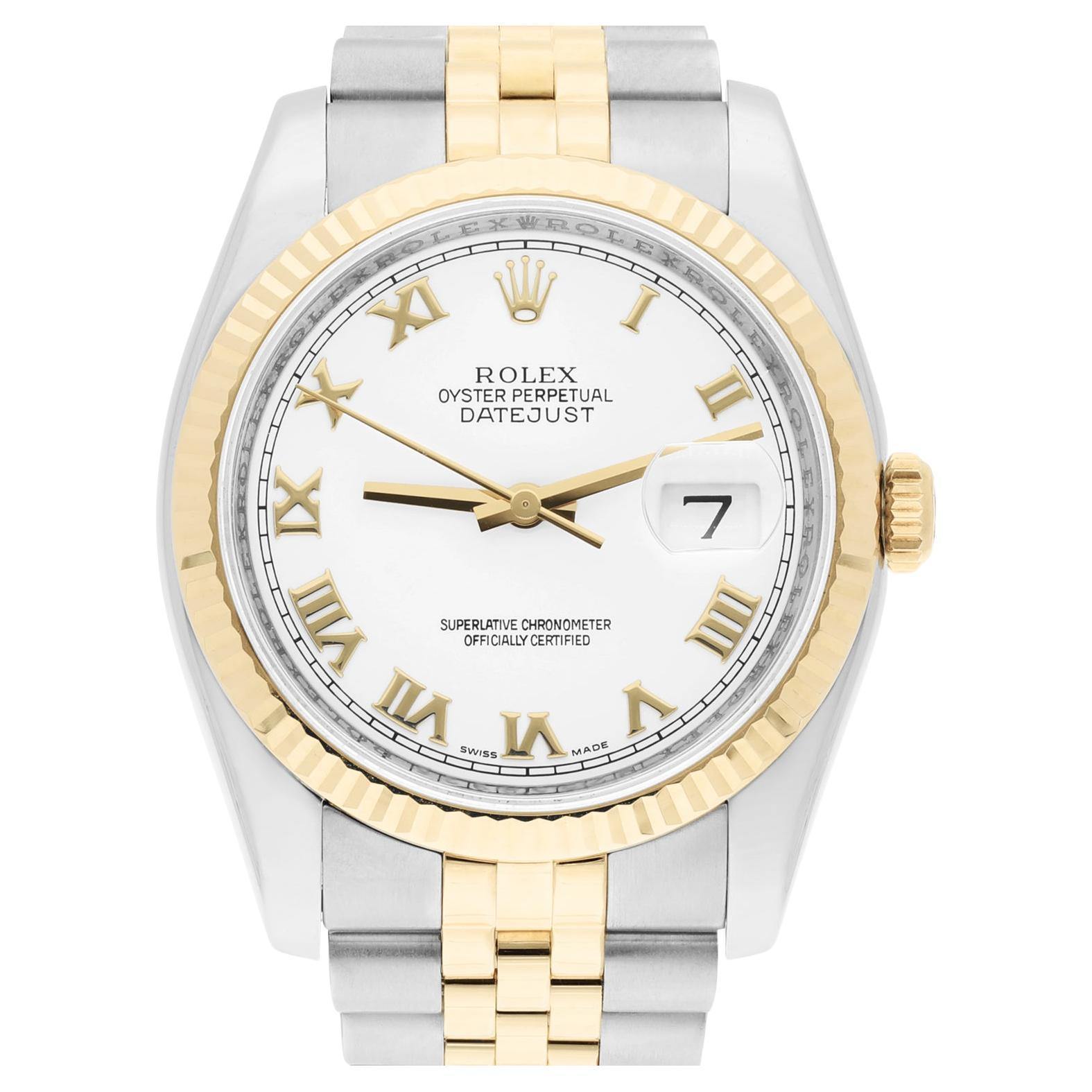Rolex Datejust 36 Gold & Steel 116233 Watch White Roman Dial Jubilee Watch For Sale