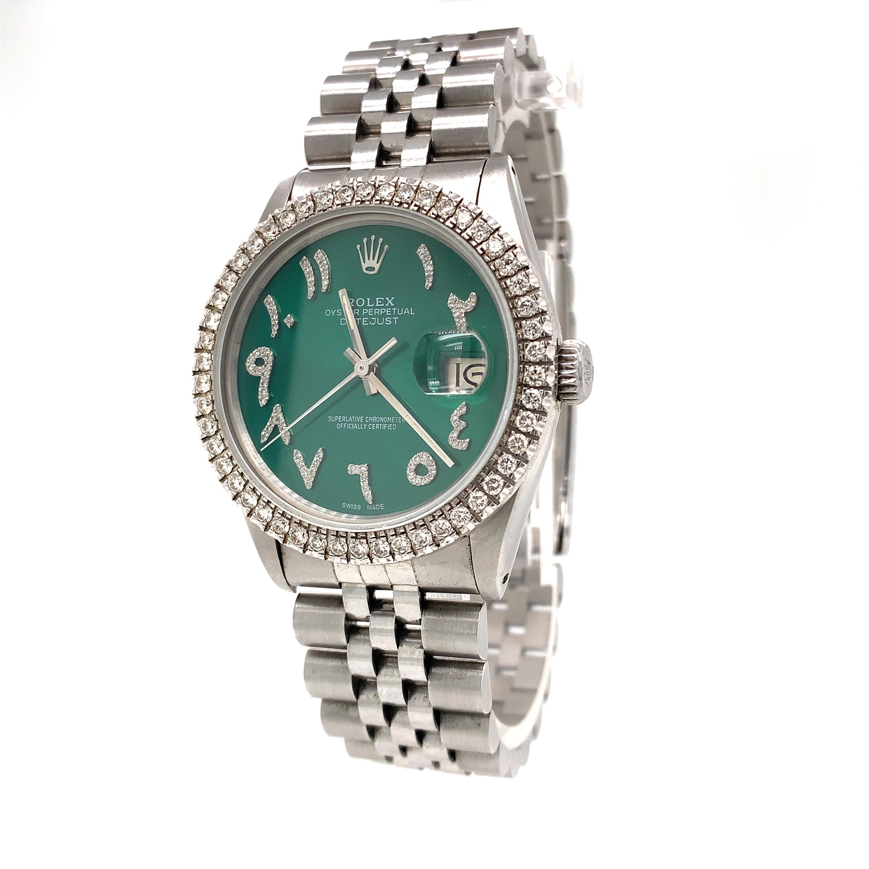 Rolex Datejust (16014) self-winding automatic watch features a 36mm stainless steel case with a diamond bezel surrounding a arabic diamond dial on stainless steel and an stainless steel Jubilee bracelet with a folding buckle. Functions include hours