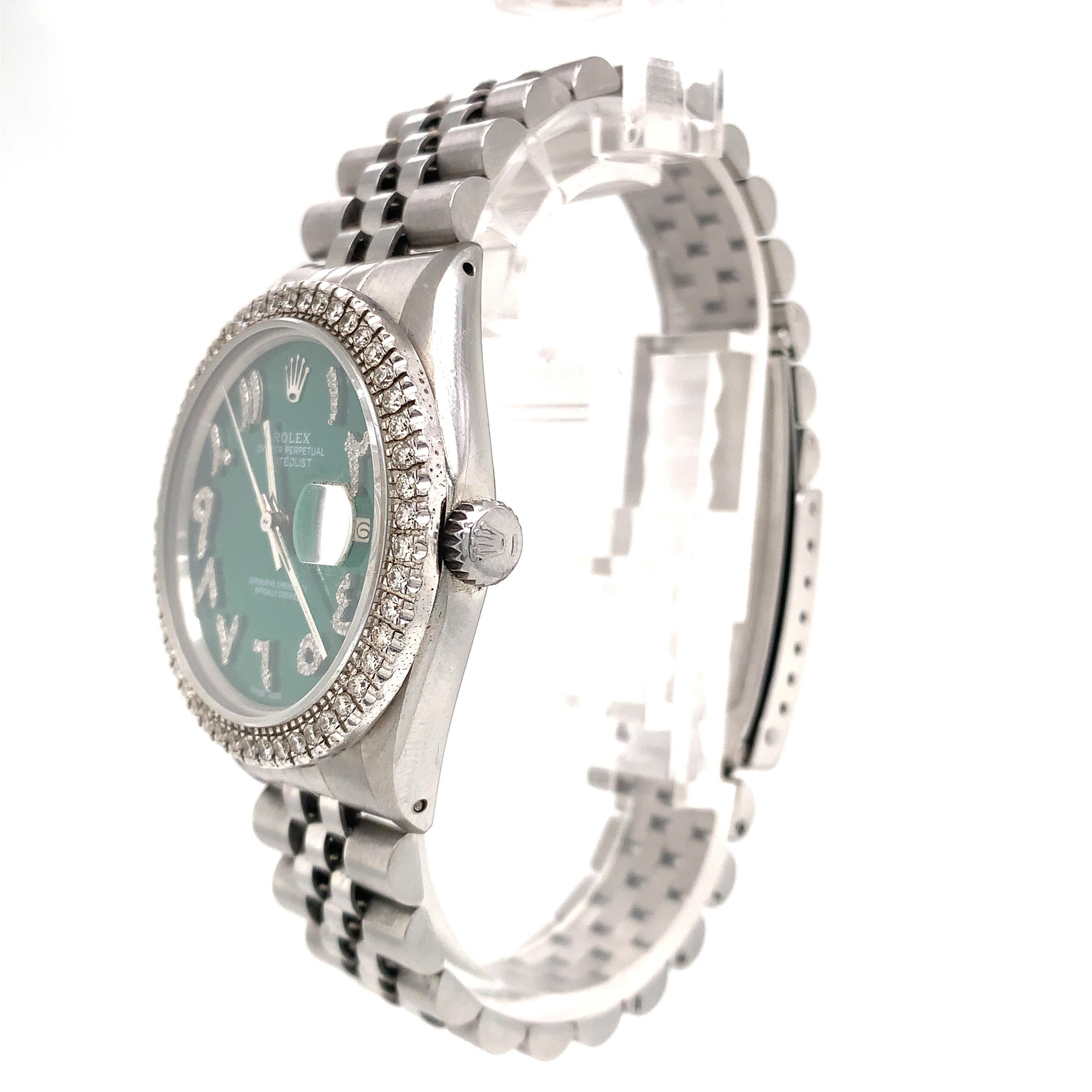 Modernist Rolex Datejust 36 Green Arabic Diamond Dial Diamond Bezel 16014