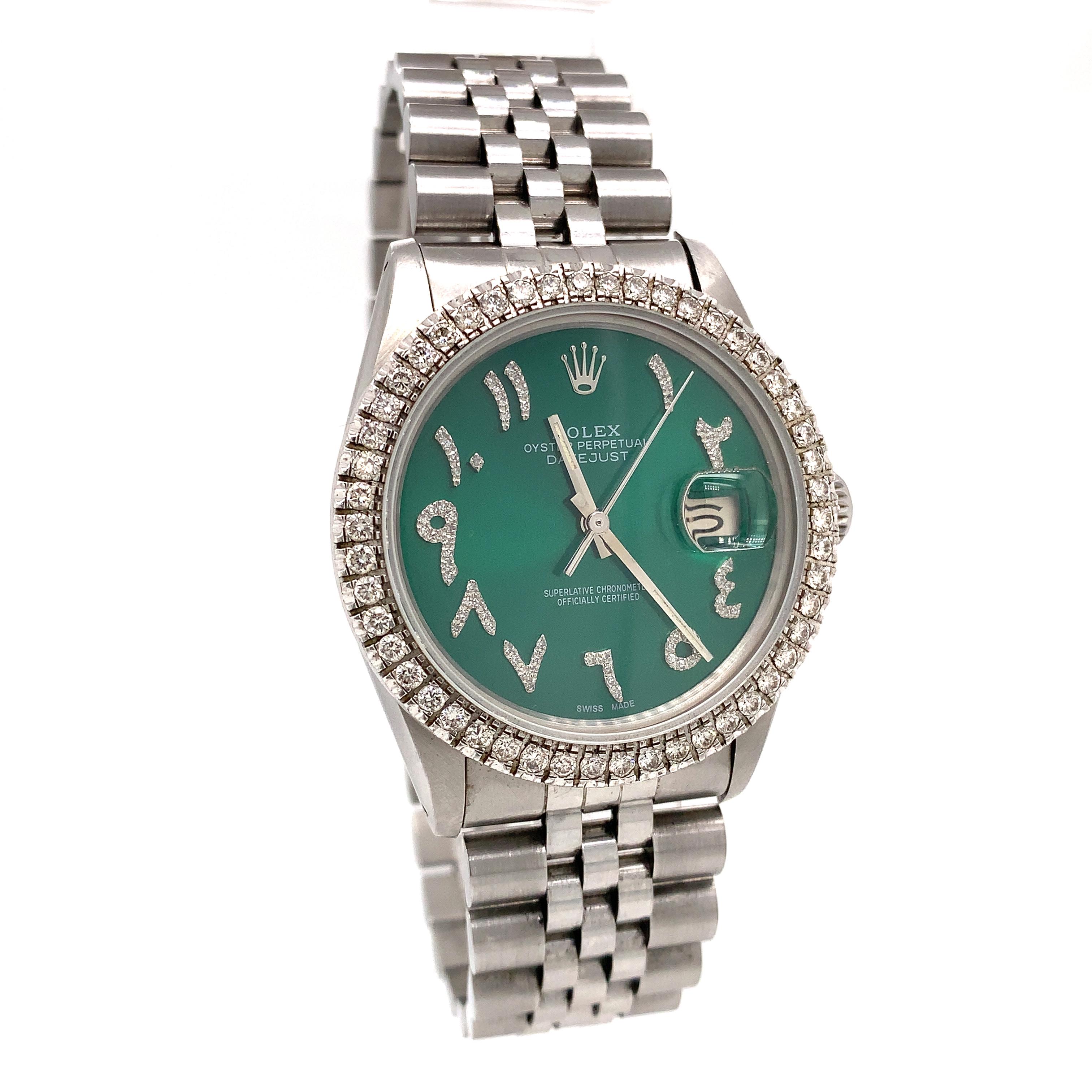 Women's or Men's Rolex Datejust 36 Green Arabic Diamond Dial Diamond Bezel 16014