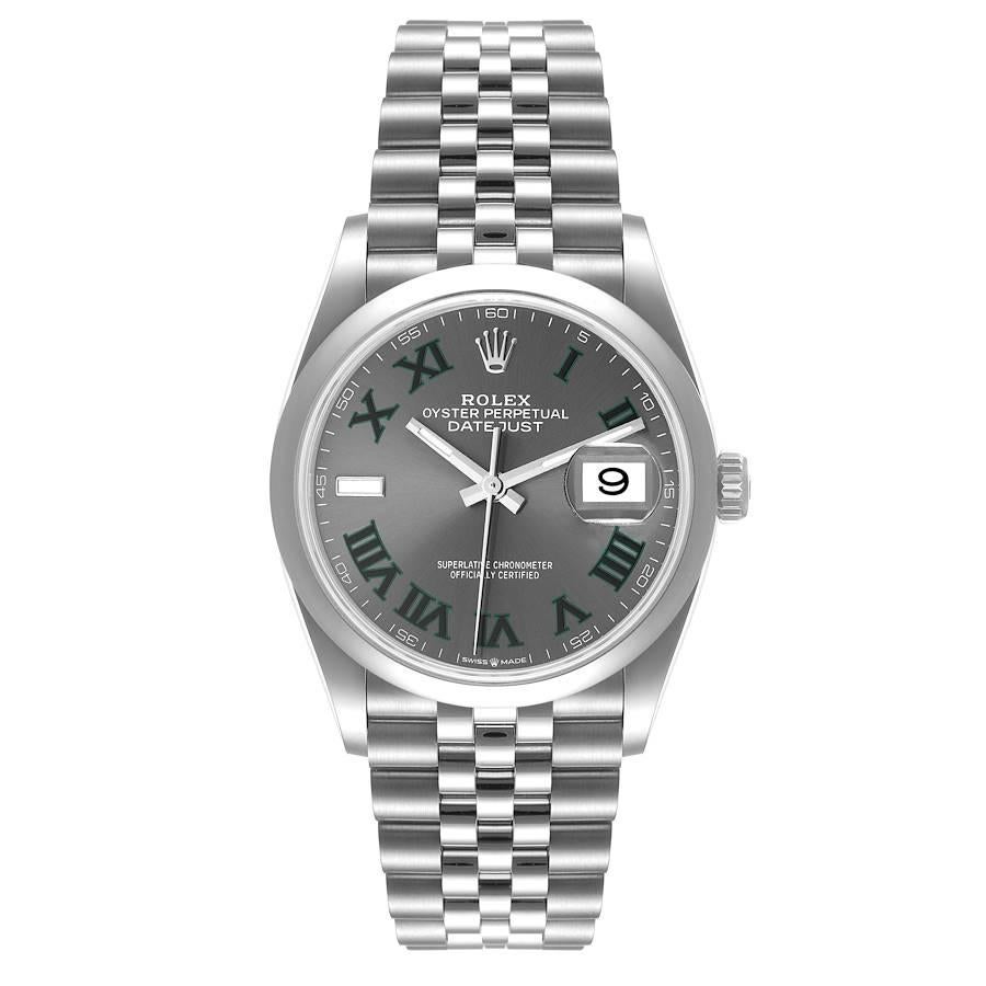 Rolex Datejust 36 Grey Green Wimbledon Dial Steel Mens Watch 126200 Unworn. Officially certified chronometer self-winding movement. Stainless steel case 36.0 mm in diameter. Rolex logo on a crown. Stainless steel smooth domed bezel. Scratch