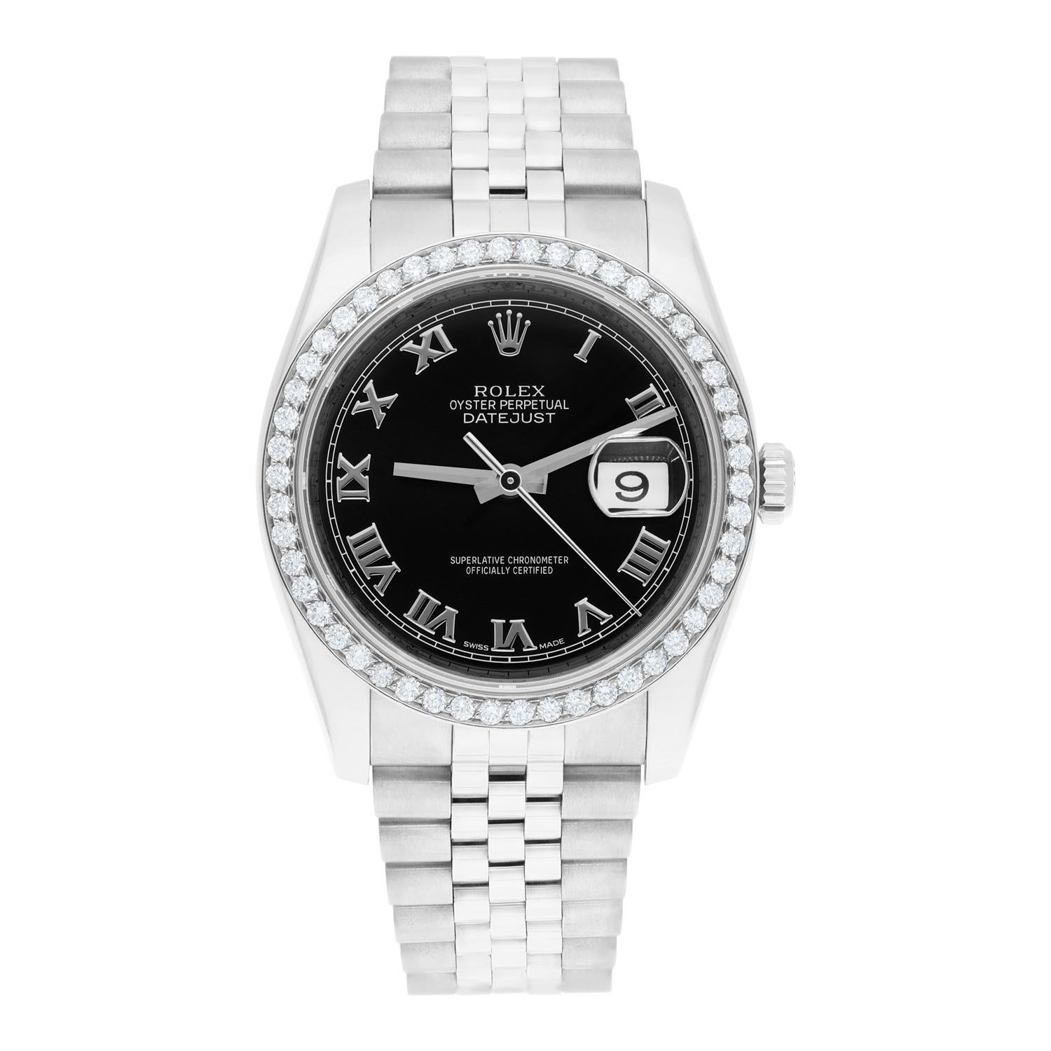 Brand: Rolex
Series: Datejust 
Model: 116234
Case Diameter: 36 mm
Bracelet: Jubilee band; stainless steel
Bezel: Custom Diamond Set
Dial: Black Roman
Carat Weight: 1.32 carats in total diamond weight
The sale includes a Rolex box and an appraisal