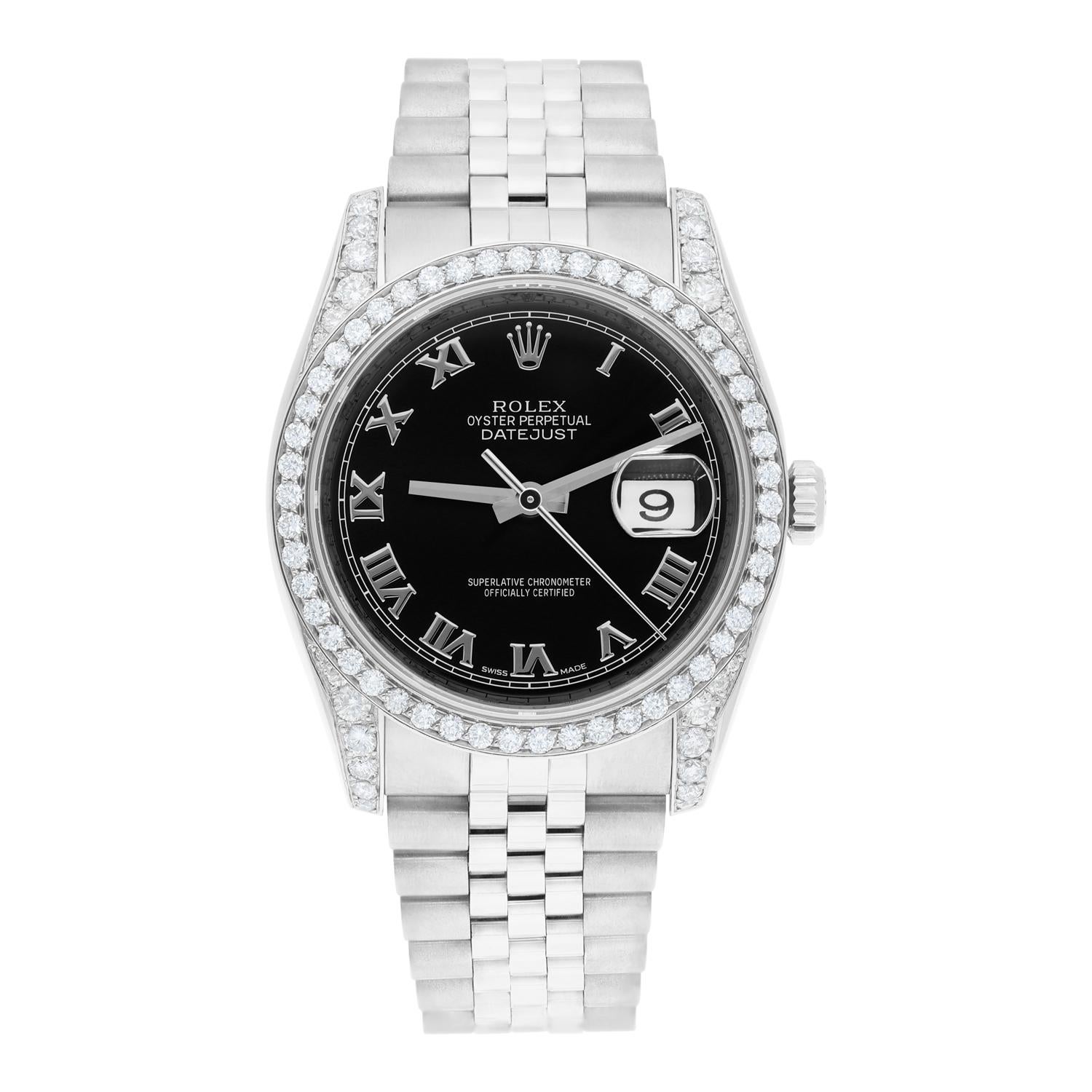 Brand: Rolex
Series: Datejust 
Model: 116234
Case Diameter: 36 mm
Bracelet: Jubilee band; stainless steel
Bezel. and Lugs: Custom Diamond Set
Dial: Black Roman
Carat Weight: 2.30 carats in total diamond weight
The sale includes a Rolex box and an
