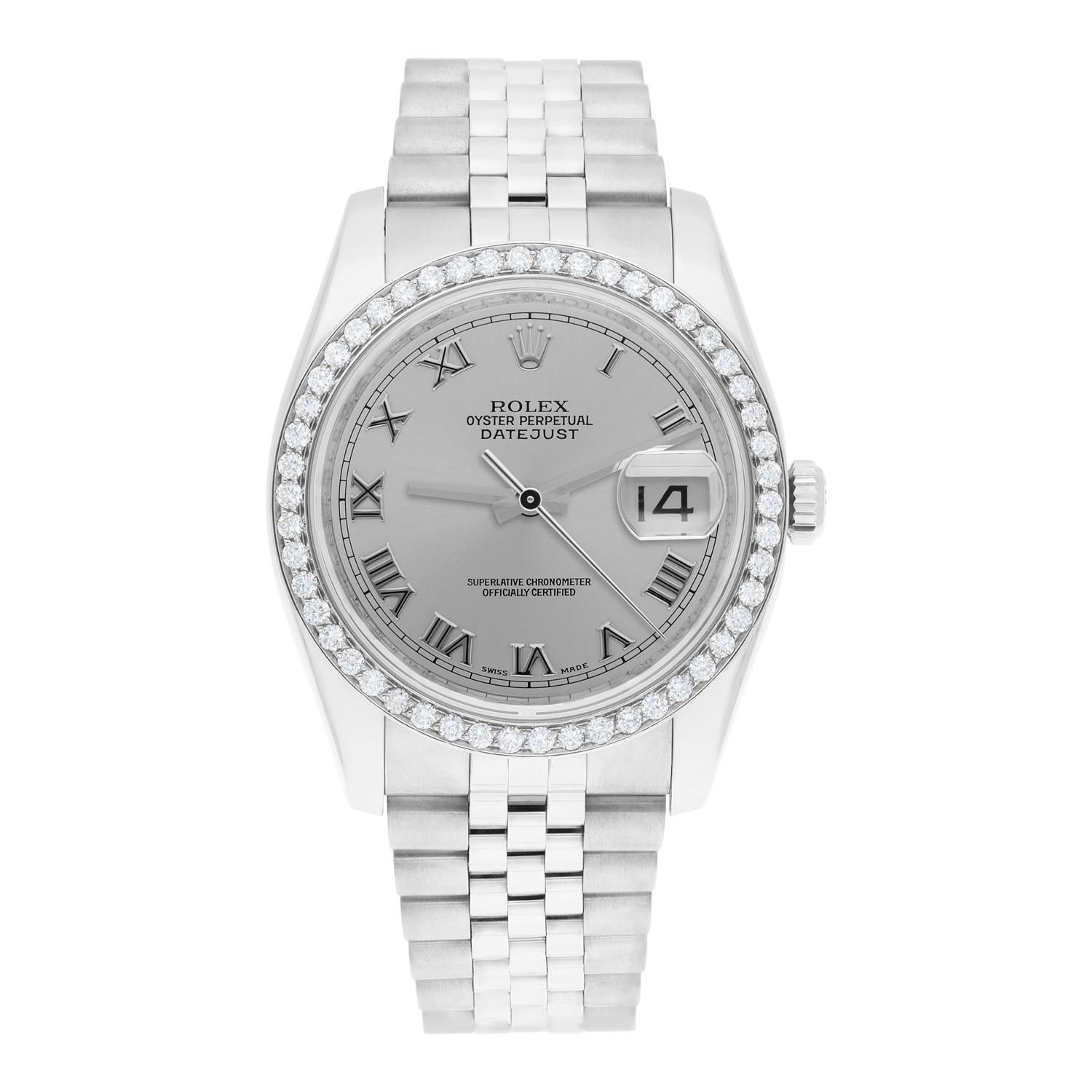 Brand: Rolex
Series: Datejust 
Model: 116234
Case Diameter: 36 mm
Bracelet: Jubilee band; stainless steel
Bezel: Custom Diamond Set
Dial: Silver Roman
Carat Weight: 1.32 carats in total diamond weight
The sale includes a Rolex box and an appraisal