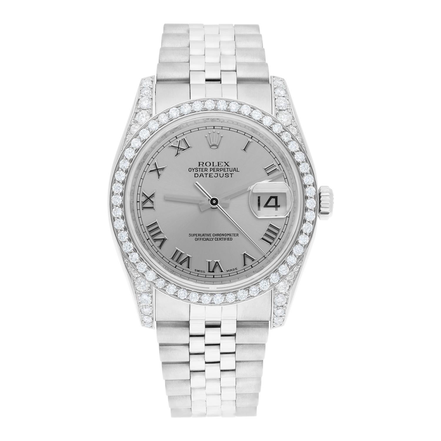 Brand: Rolex
Series: Datejust 
Model: 116234
Case Diameter: 36 mm
Bracelet: Jubilee band; stainless steel
Bezel. and Lugs: Custom Diamond Set
Dial: Silver Roman
Carat Weight: 2.30 carats in total diamond weight
The sale includes a Rolex box and an