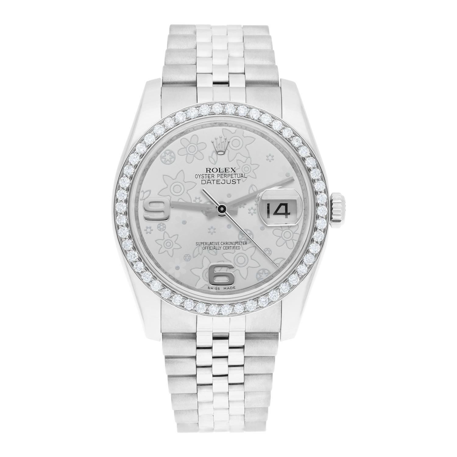Brand: Rolex
Series: Datejust 
Model: 116234
Case Diameter: 36 mm
Bracelet: Jubilee band; stainless steel
Bezel: Custom Diamond Set
Dial: Silver Flower
Carat Weight: 1.32 carats in total diamond weight
The sale includes a Rolex box and an appraisal