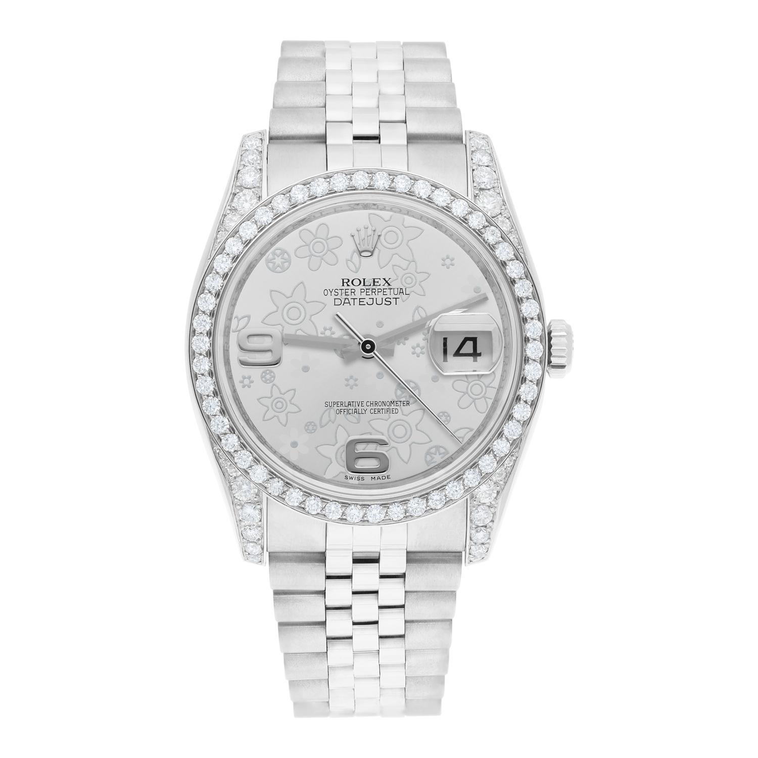 Brand: Rolex
Series: Datejust 
Model: 116234
Case Diameter: 36 mm
Bracelet: Jubilee band; stainless steel
Bezel. and Lugs: Custom Diamond Set
Dial: Silver Flower
Carat Weight: 2.30 carats in total diamond weight
The sale includes a Rolex box and an