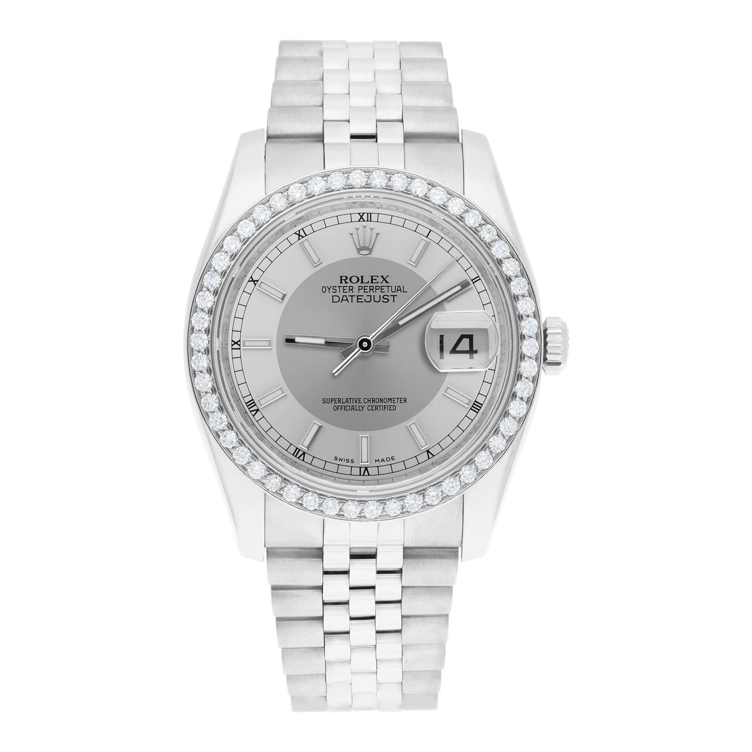 Brand: Rolex
Series: Datejust 
Model: 116234
Case Diameter: 36 mm
Bracelet: Jubilee band; stainless steel
Bezel: Custom Diamond Set
Dial: Silver Tuxedo
Carat Weight: 1.32 carats in total diamond weight
The sale includes a Rolex box and an appraisal