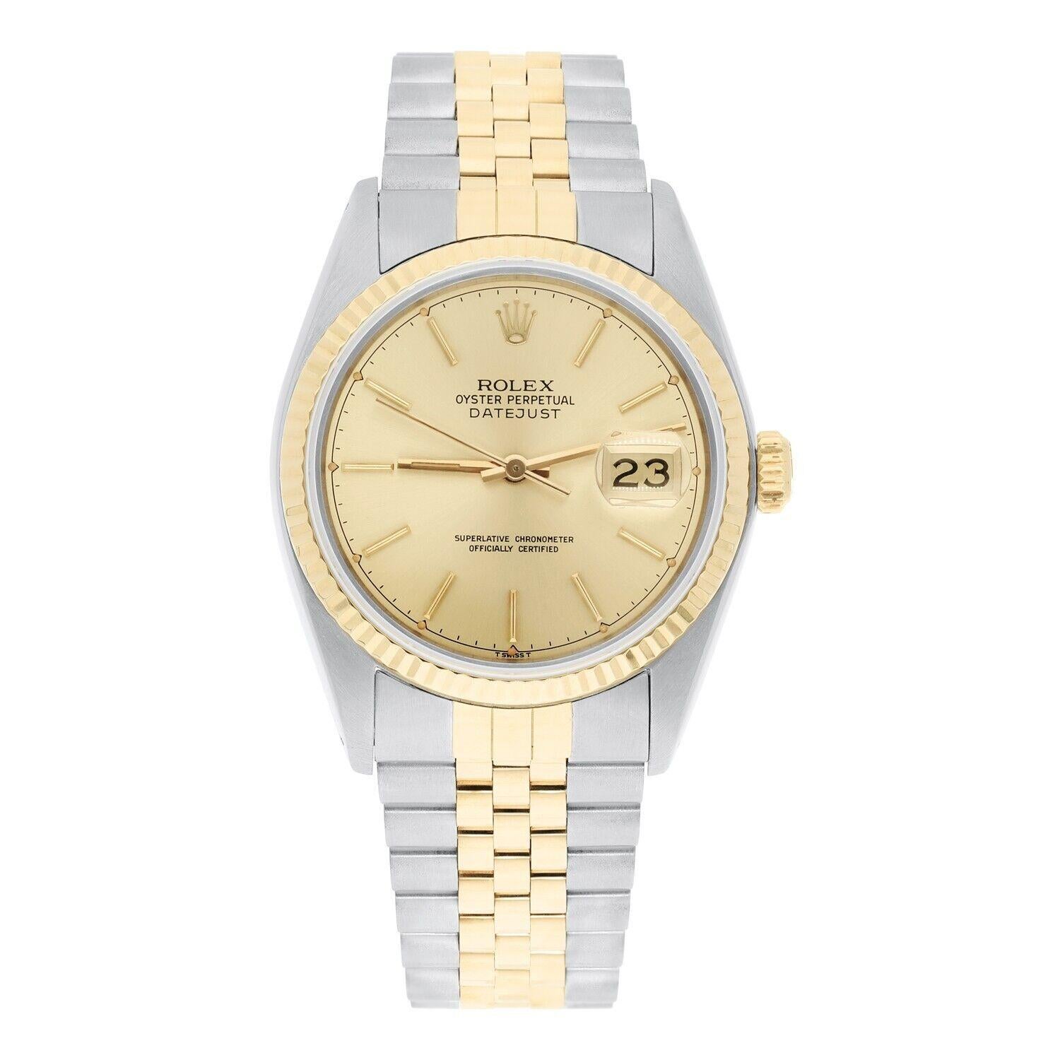 This watch has been professionally polished, serviced and is in excellent overall condition. There are absolutely no visible scratches or blemishes. Model features quick-set movement. Authenticity guaranteed! The sale comes with a Rolex box, papers