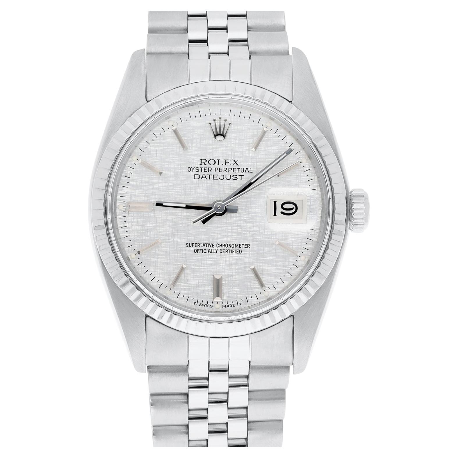 Rolex Datejust 36mm Edelstahl 16014 Silber-Leinen-Zifferblatt mit silbernem Leinen-Zifferblatt, Jubiläum um 1979 im Angebot