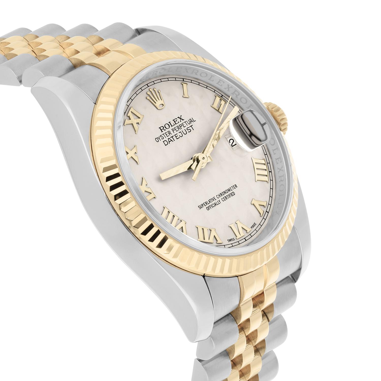 Women's or Men's Rolex Datejust 36 Gold and Steel 116233 Ivory Pyramid Roman Dial Jubilee Watch For Sale