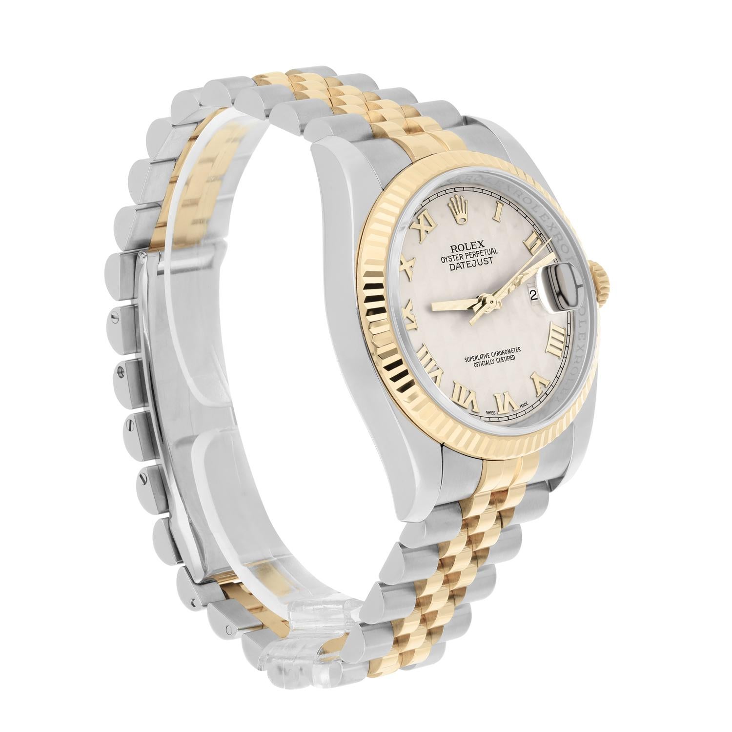 Rolex Datejust 36 Gold and Steel 116233 Ivory Pyramid Roman Dial Jubilee Watch For Sale 1