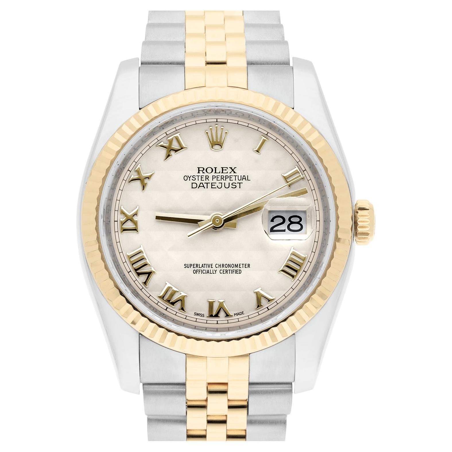 Rolex Datejust 36 Gold and Steel 116233 Ivory Pyramid Roman Dial Jubilee Watch For Sale