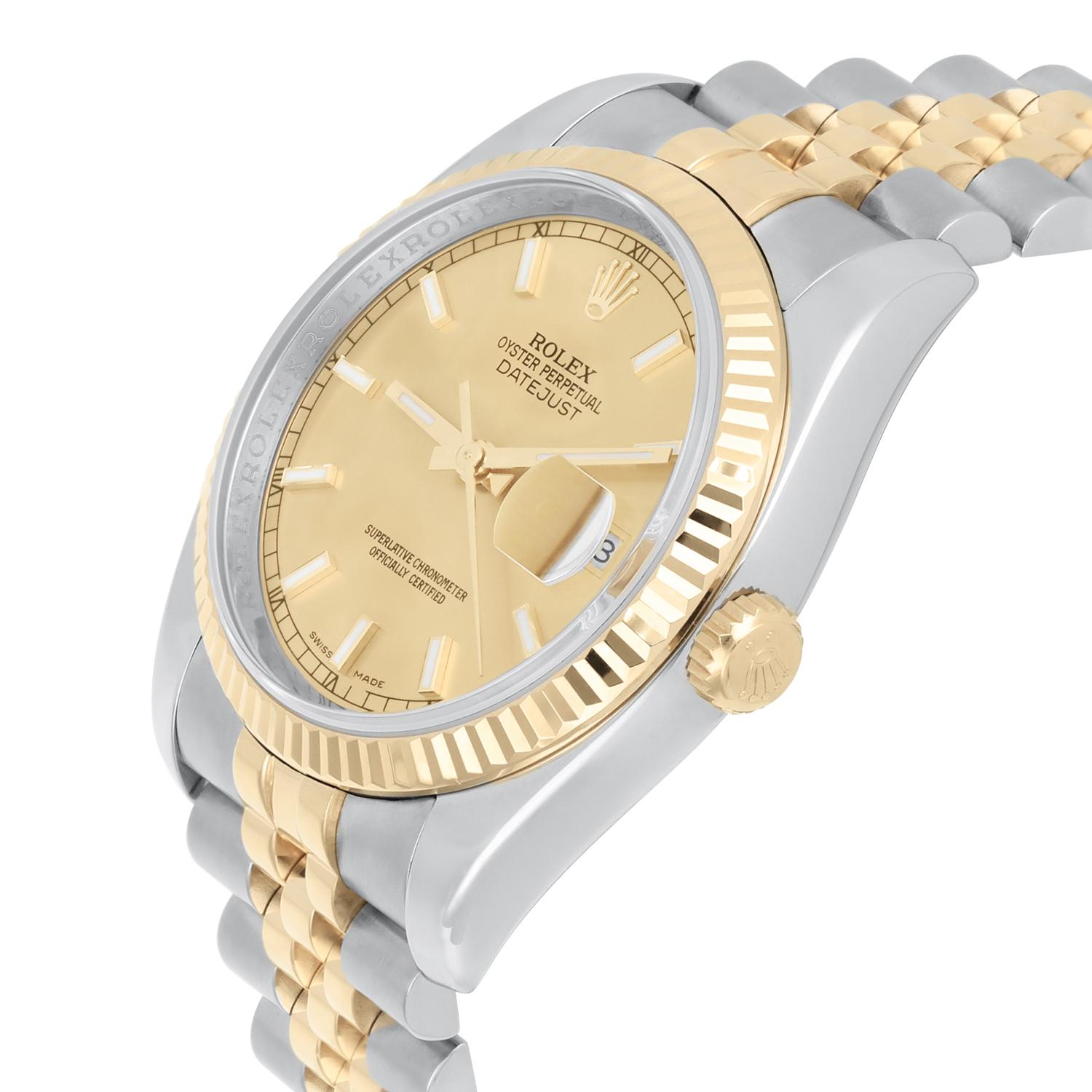 Rolex Datejust 36 Gold and Steel 116233 Watch Champagne Index Dial Jubilee Watch In Excellent Condition For Sale In New York, NY