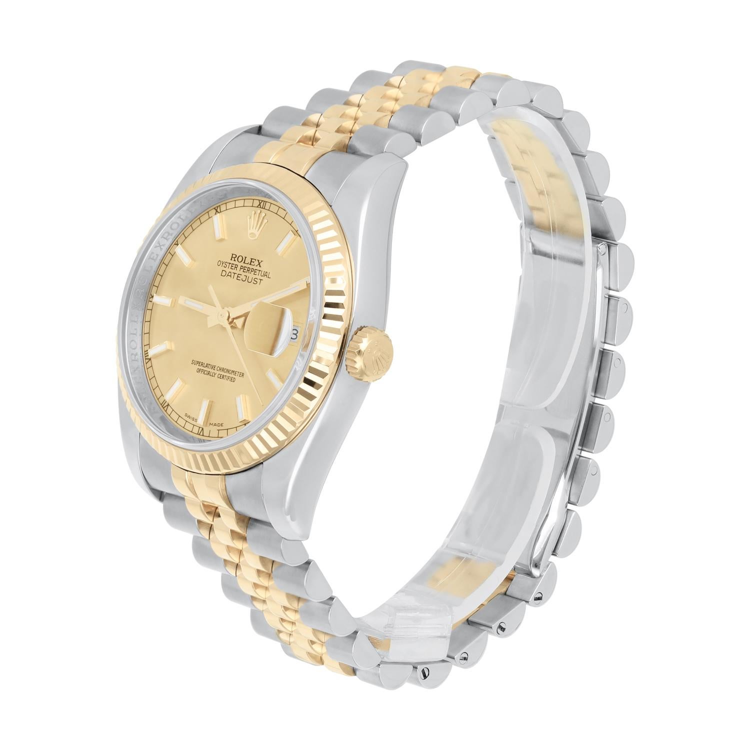 Women's or Men's Rolex Datejust 36 Gold and Steel 116233 Watch Champagne Index Dial Jubilee Watch For Sale