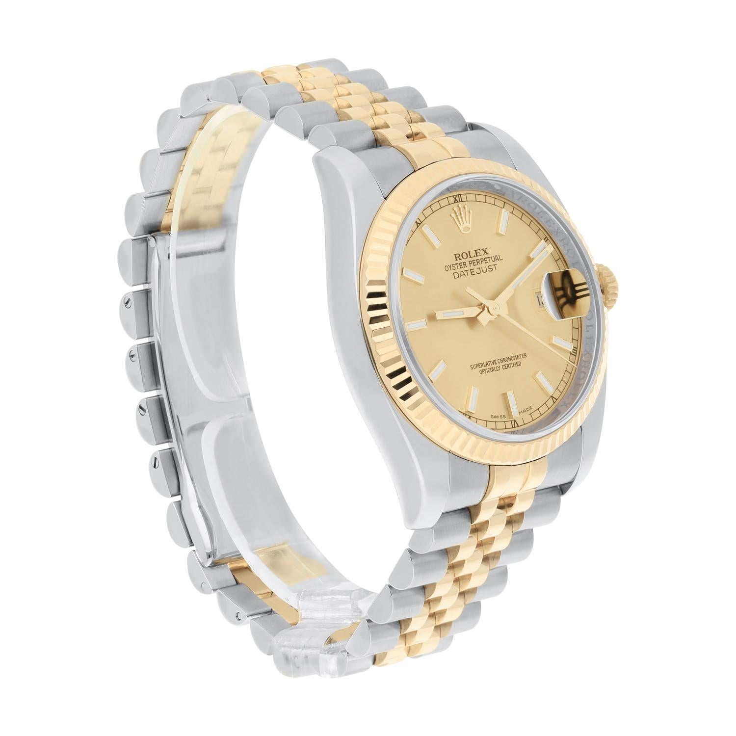 Rolex Datejust 36 Gold and Steel 116233 Watch Champagne Index Dial Jubilee Watch For Sale 2