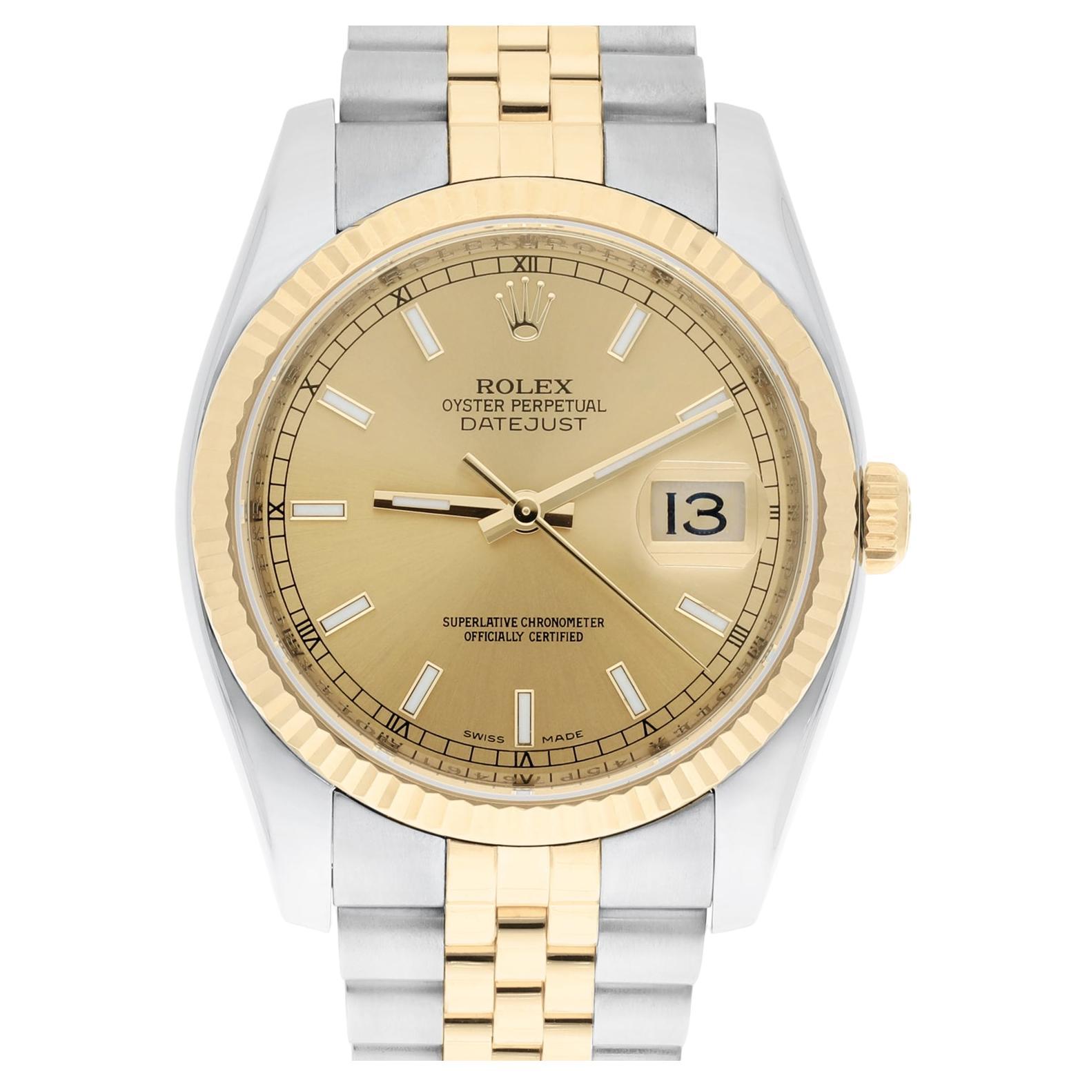 Rolex Datejust 36 Gold and Steel 116233 Watch Champagne Index Dial Jubilee Watch For Sale
