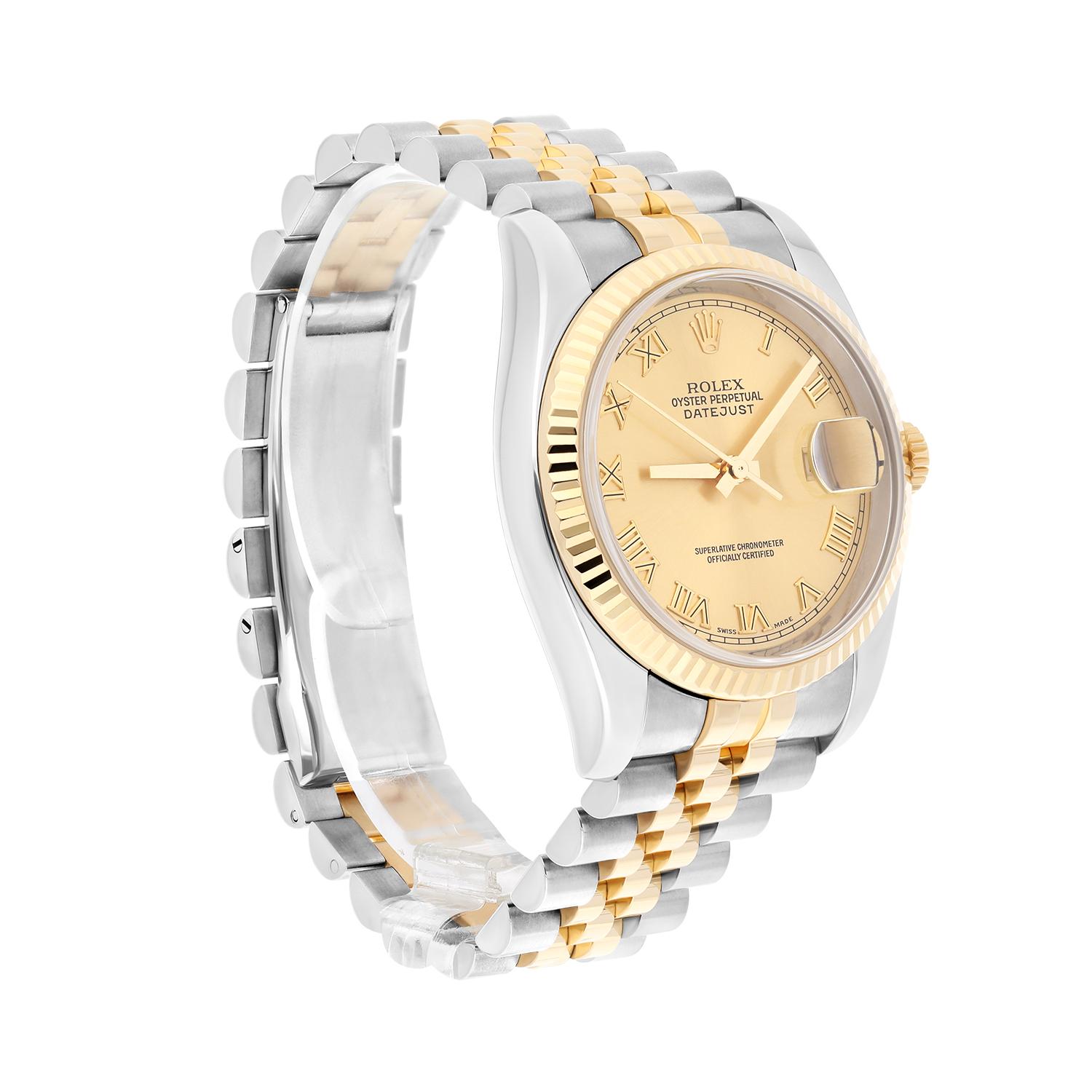 Rolex Datejust 36 Gold & Steel 116233 Watch Champagne Roman Dial Jubilee Watch In Excellent Condition For Sale In New York, NY